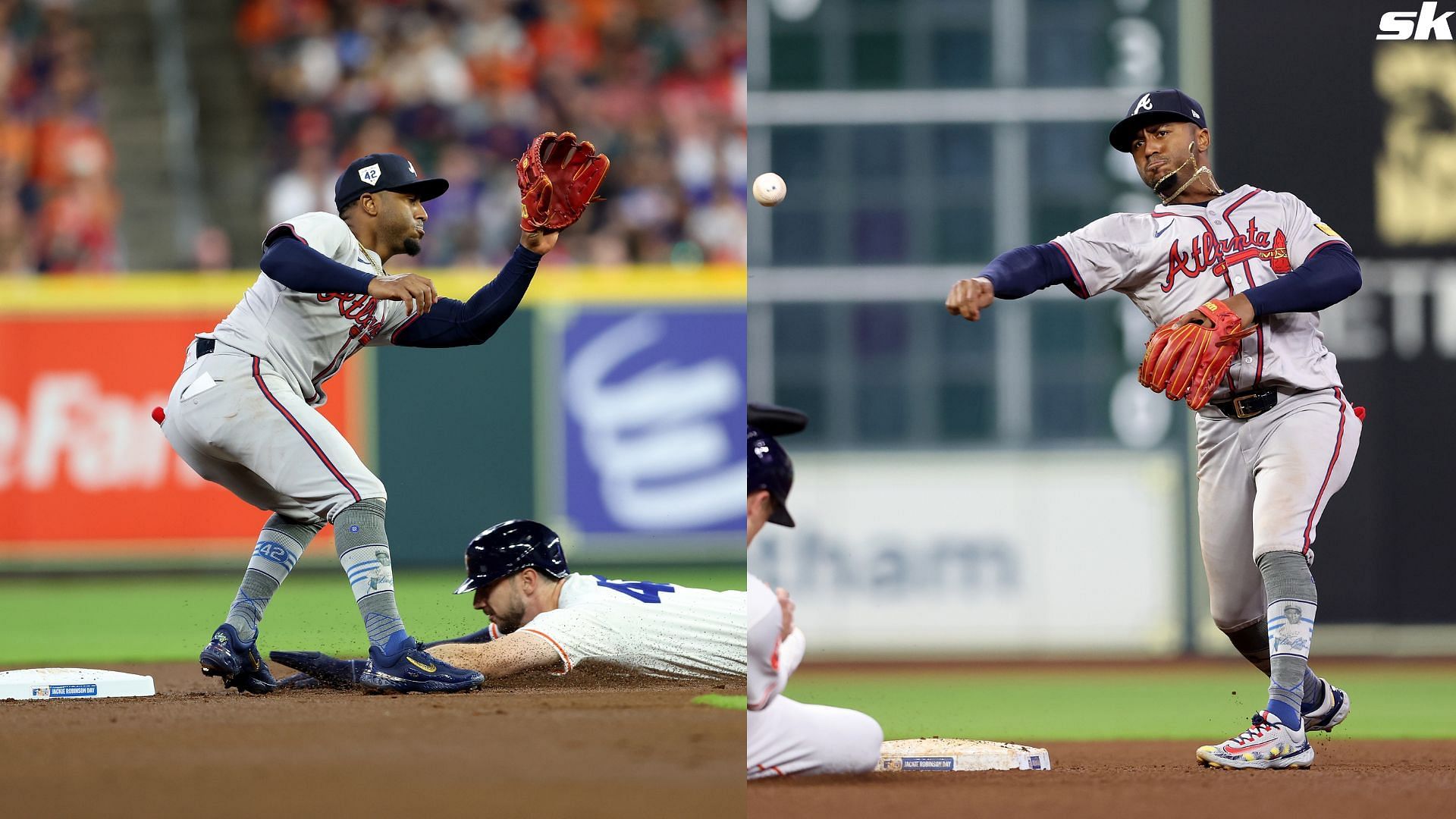 Ozzie Albies of the Atlanta Braves forces Alex Bregman of the Houston Astros out at second and throws to first in the sixth inning at Minute Maid Park