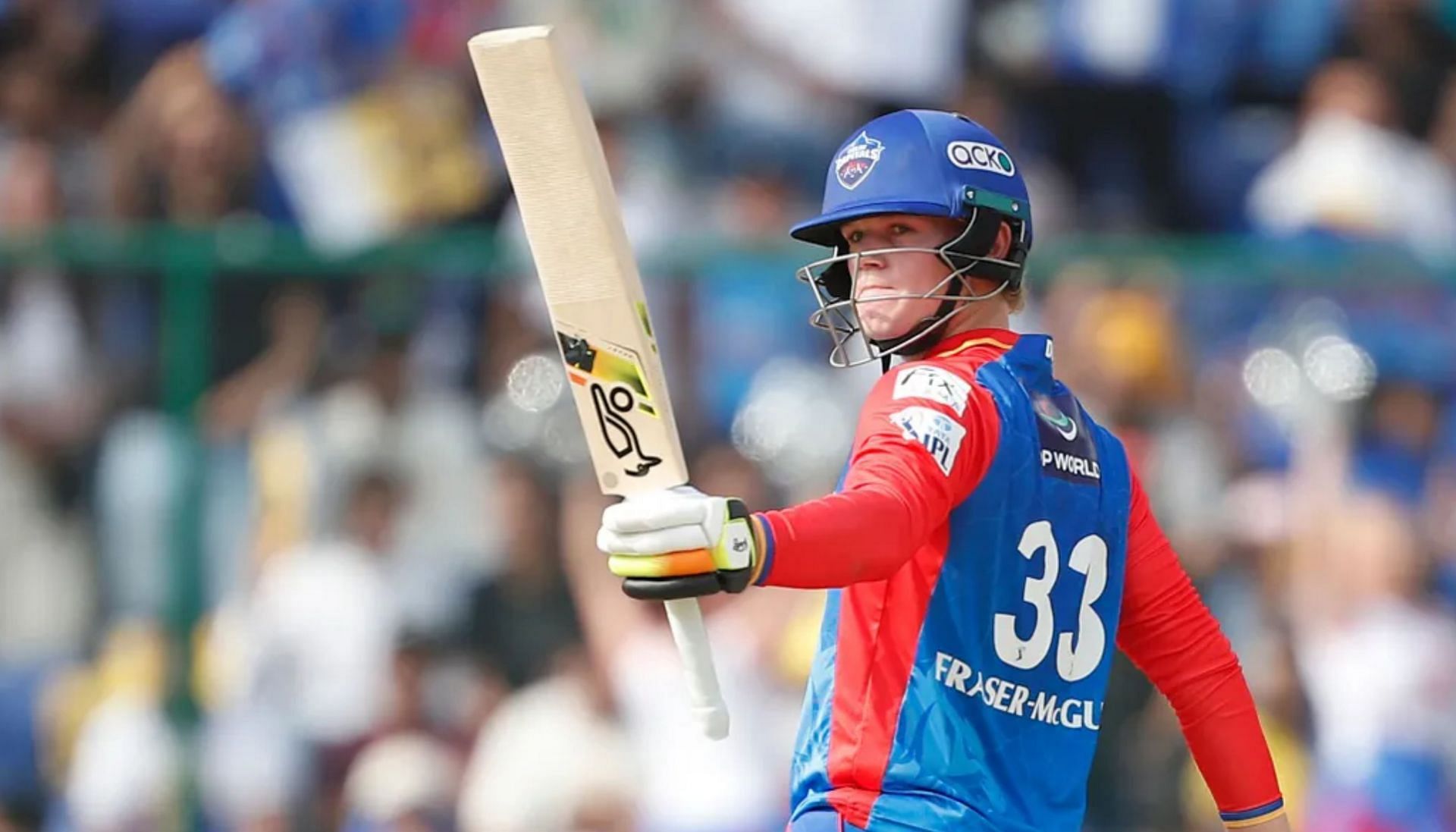  Jake Fraser-McGurk celebrating after reaching half-century mark against MI on Saturday. 