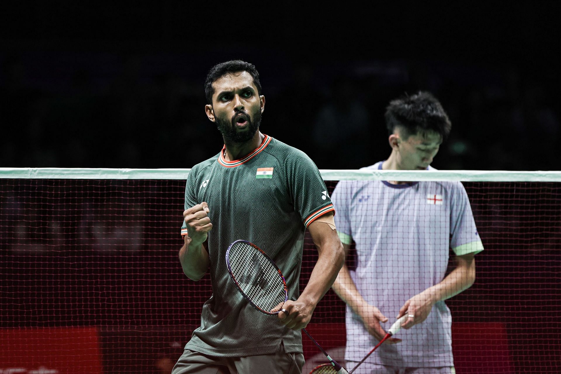 HS Prannoy celebrates his win against Harry Huang at the 2024 Thomas Cup.