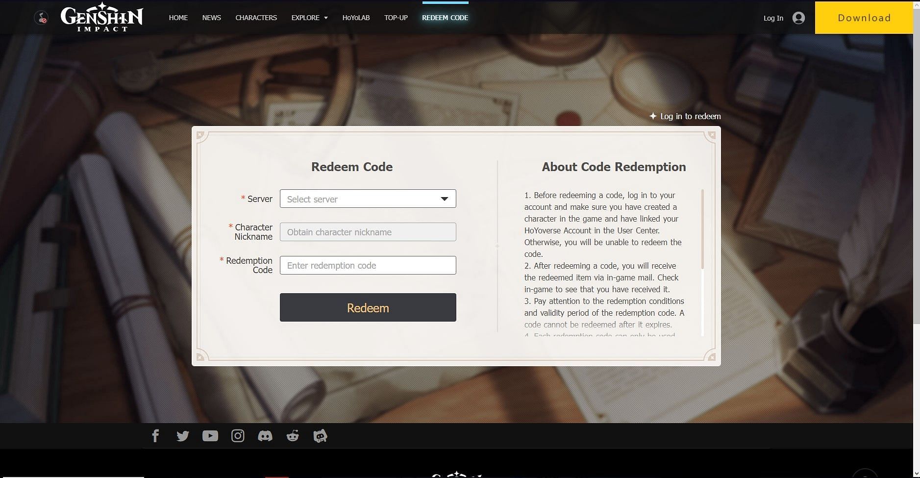Code redemption official webpage (Image via HoYoverse)