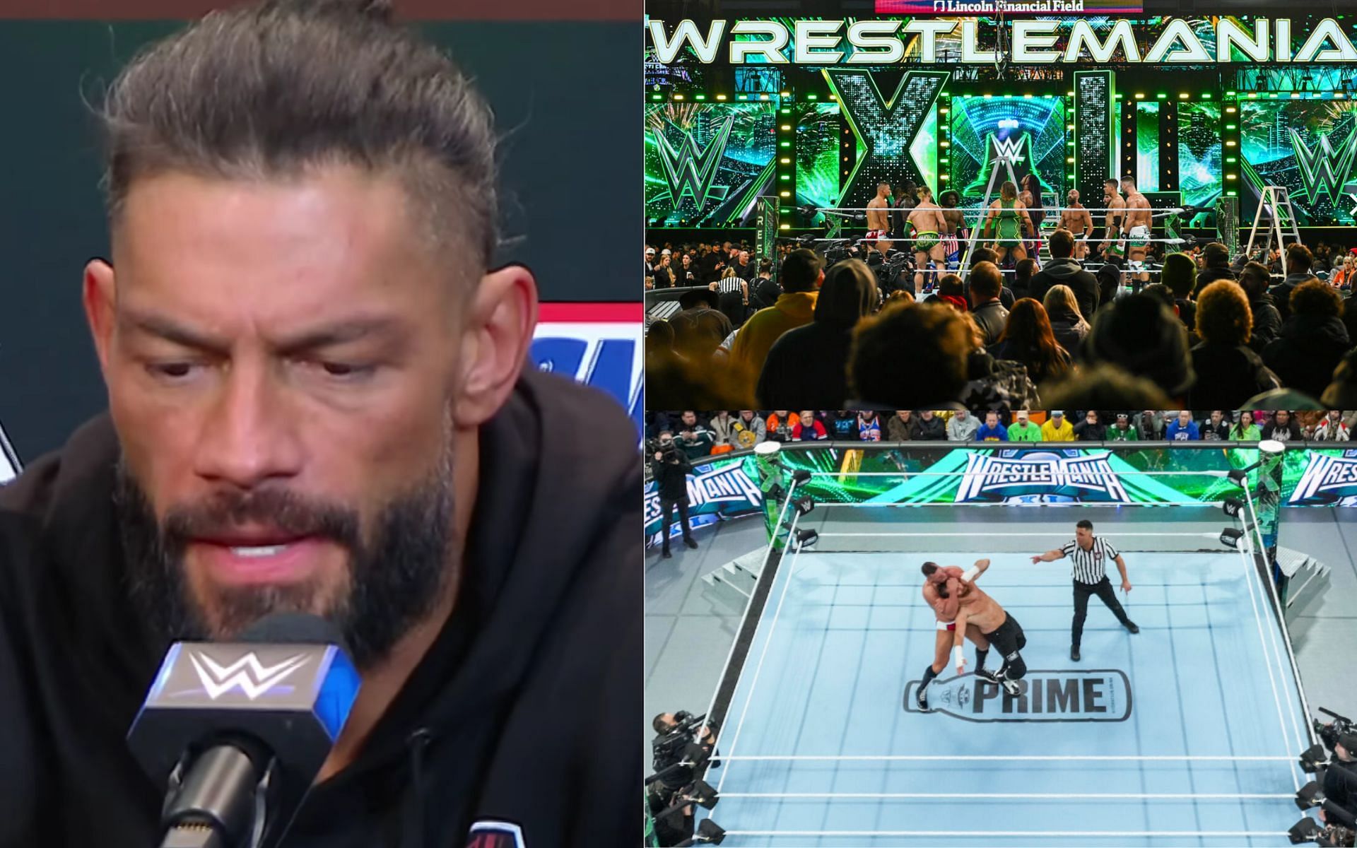 (Left) Roman Reigns following WrestleMania 40 Night 1 (Right) Snippets of matches from the mega event (Image source: WWE)