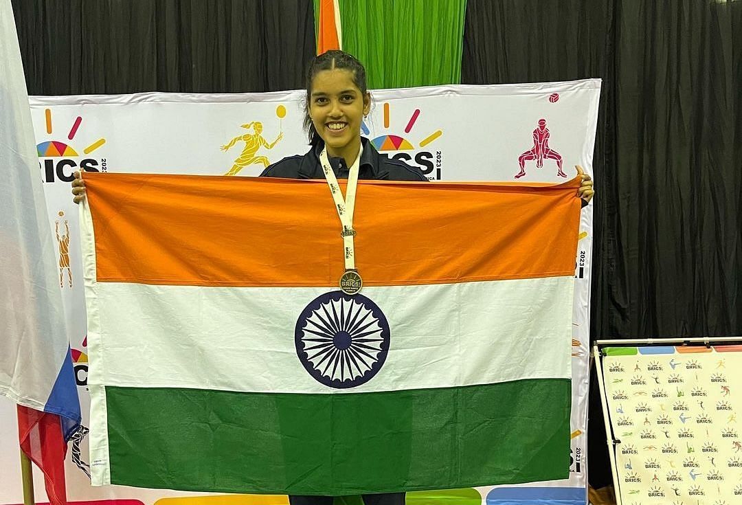 Pritha Vartikar celebrates after winning a medal at BRICS Games 2023. (Image credits: @_vartikar_pritha_ Instagram page)
