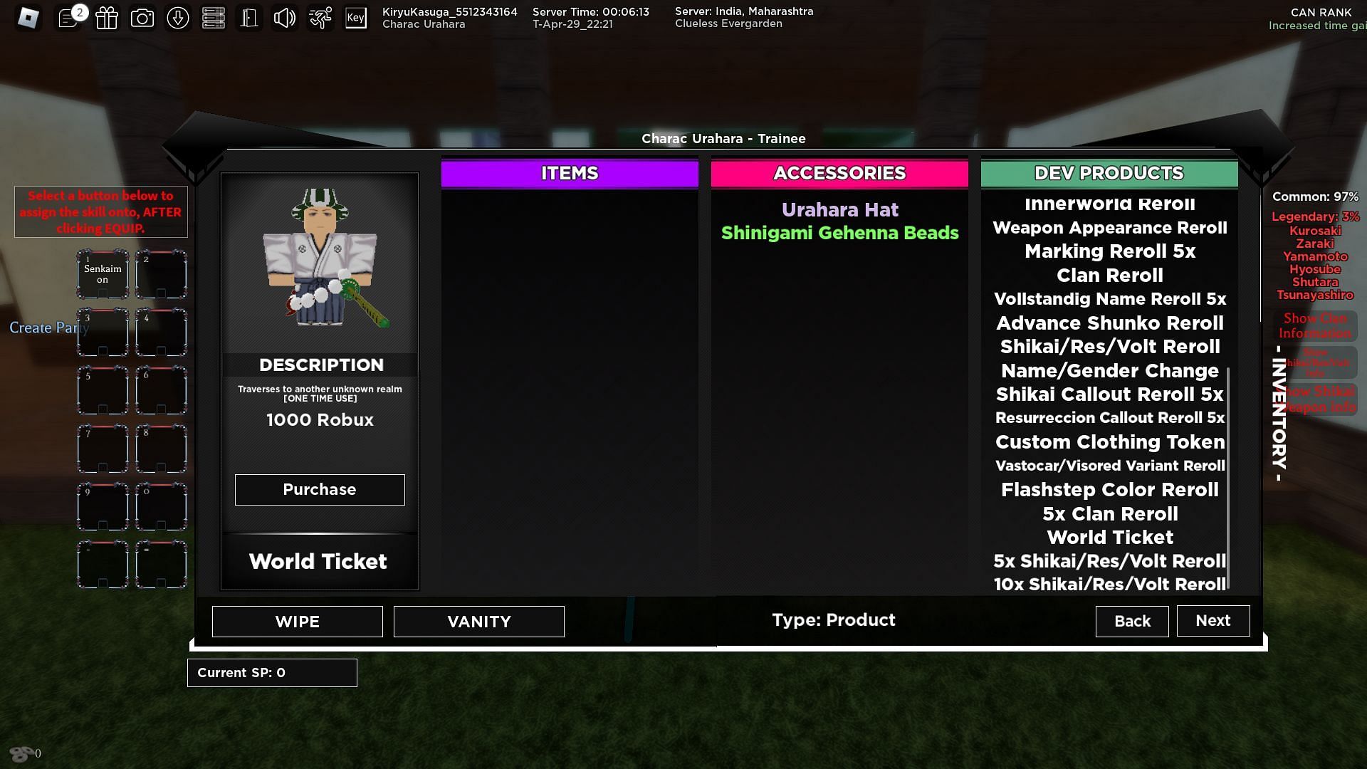 The AFK World Ticket in the Dev Products menu (Image via Roblox)