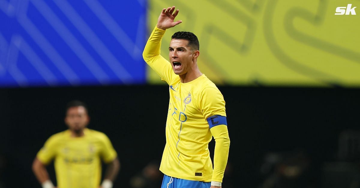 Cristiano Ronaldo reacts angrily after being denied goalscoring chance by referee during last minute of Al-Nassr match.