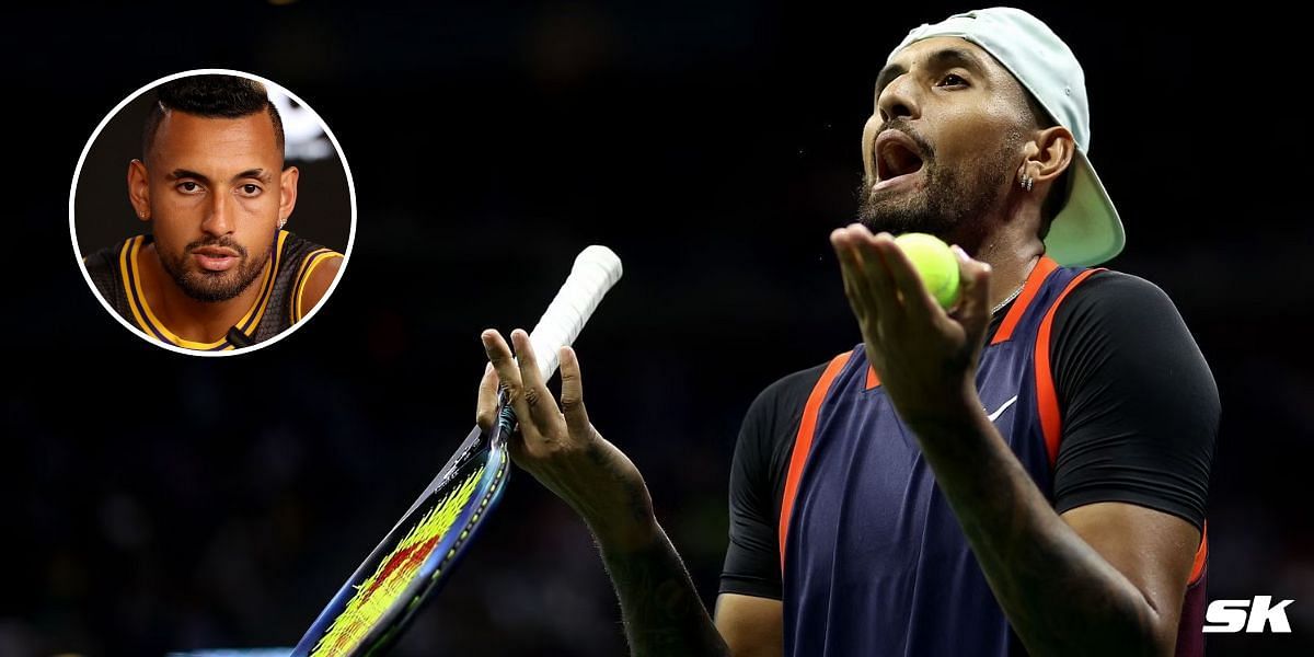 Nick Kyrgios speaks at a press conference (inset)