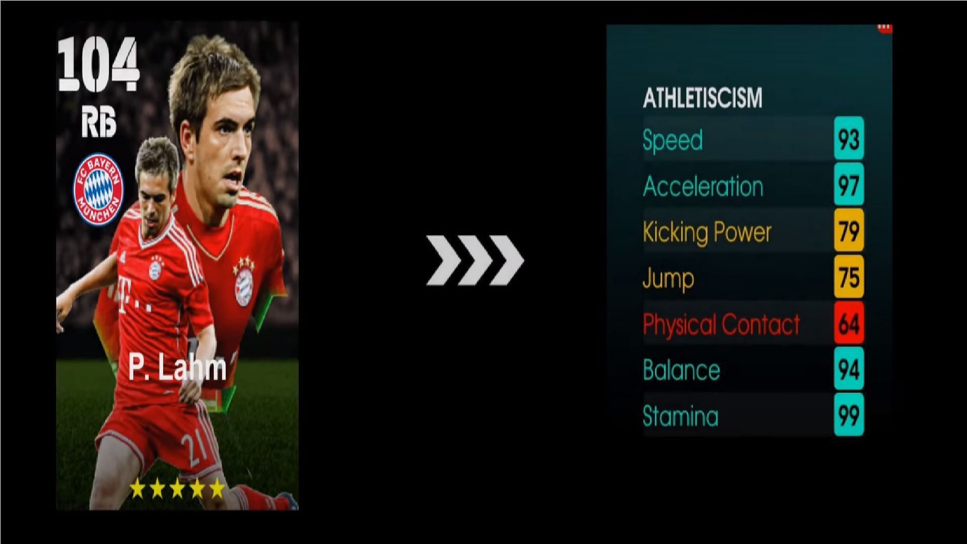 The stats of Philipp Lahm after training (Image via YouTube/Dexter Gaming)