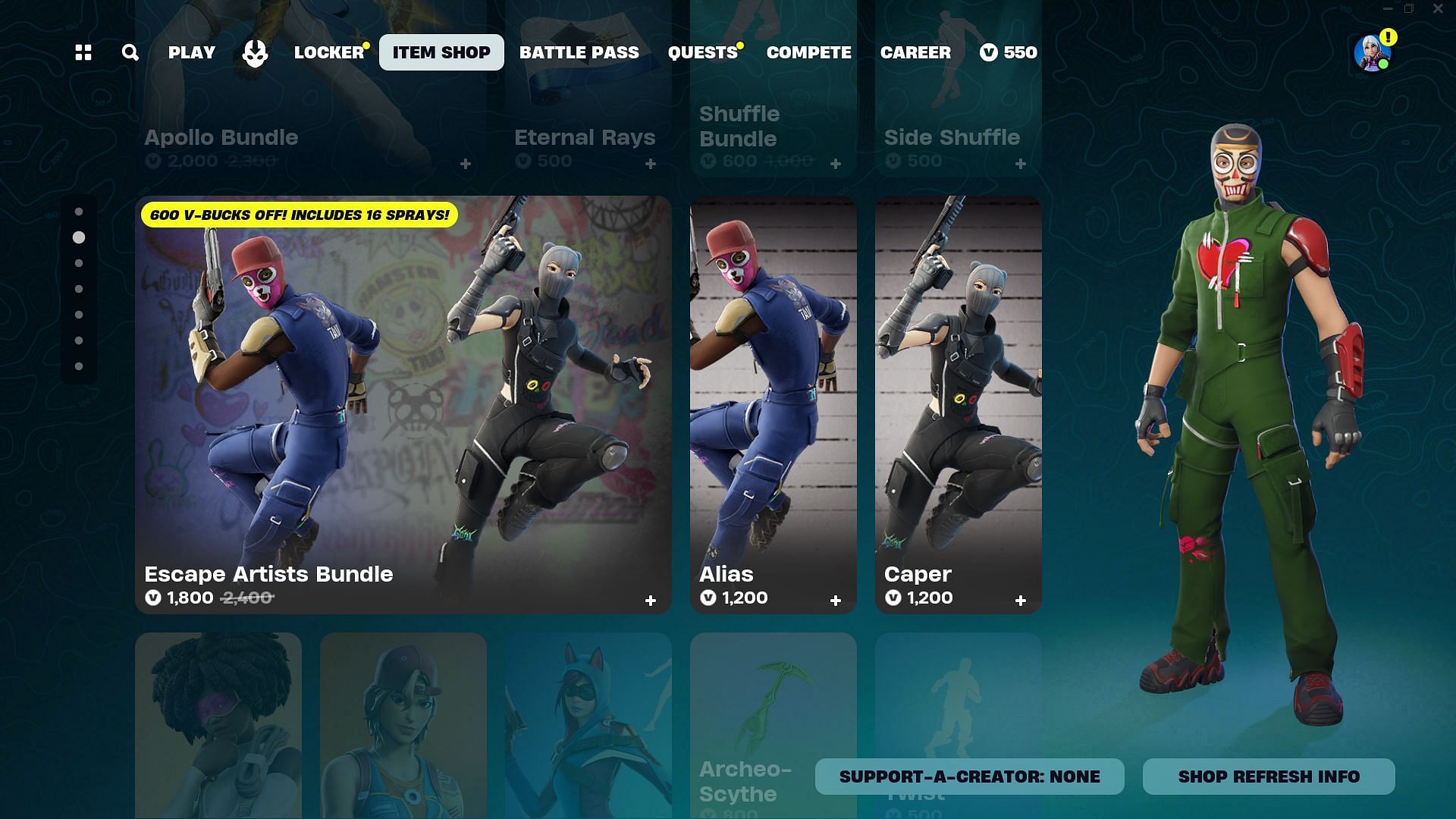 Alias and Caper skins are currently listed in the Item Shop (Image via Epic Games/Fortnite)