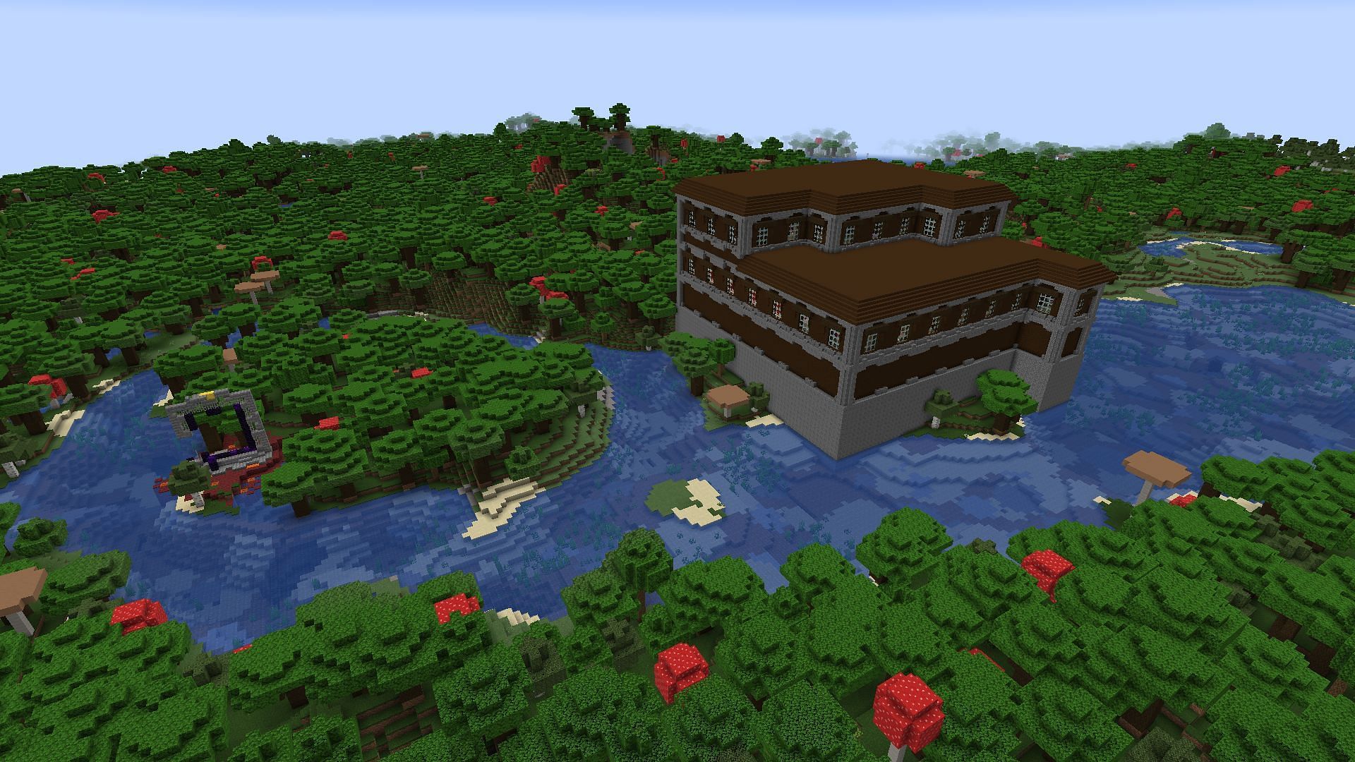 One of the structures on this Minecraft mansion seed even has a ruined portal nearby for bonus loot (Image via Mojang)