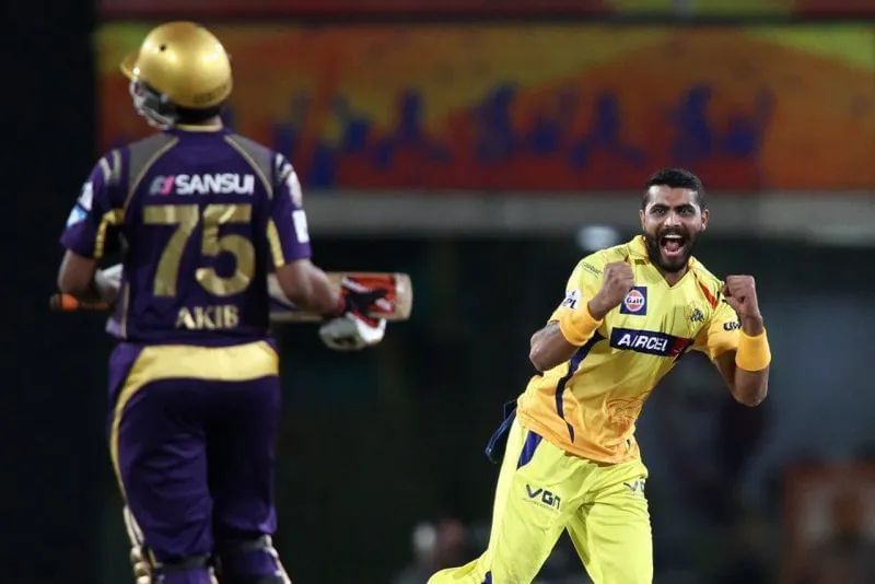 Ravindra Jadeja of CSK celebrates after dismissing KKR&#039;s Shakib al Hasan in match 21 of IPL 2014 (Photo by Shaun Roy/IPL)