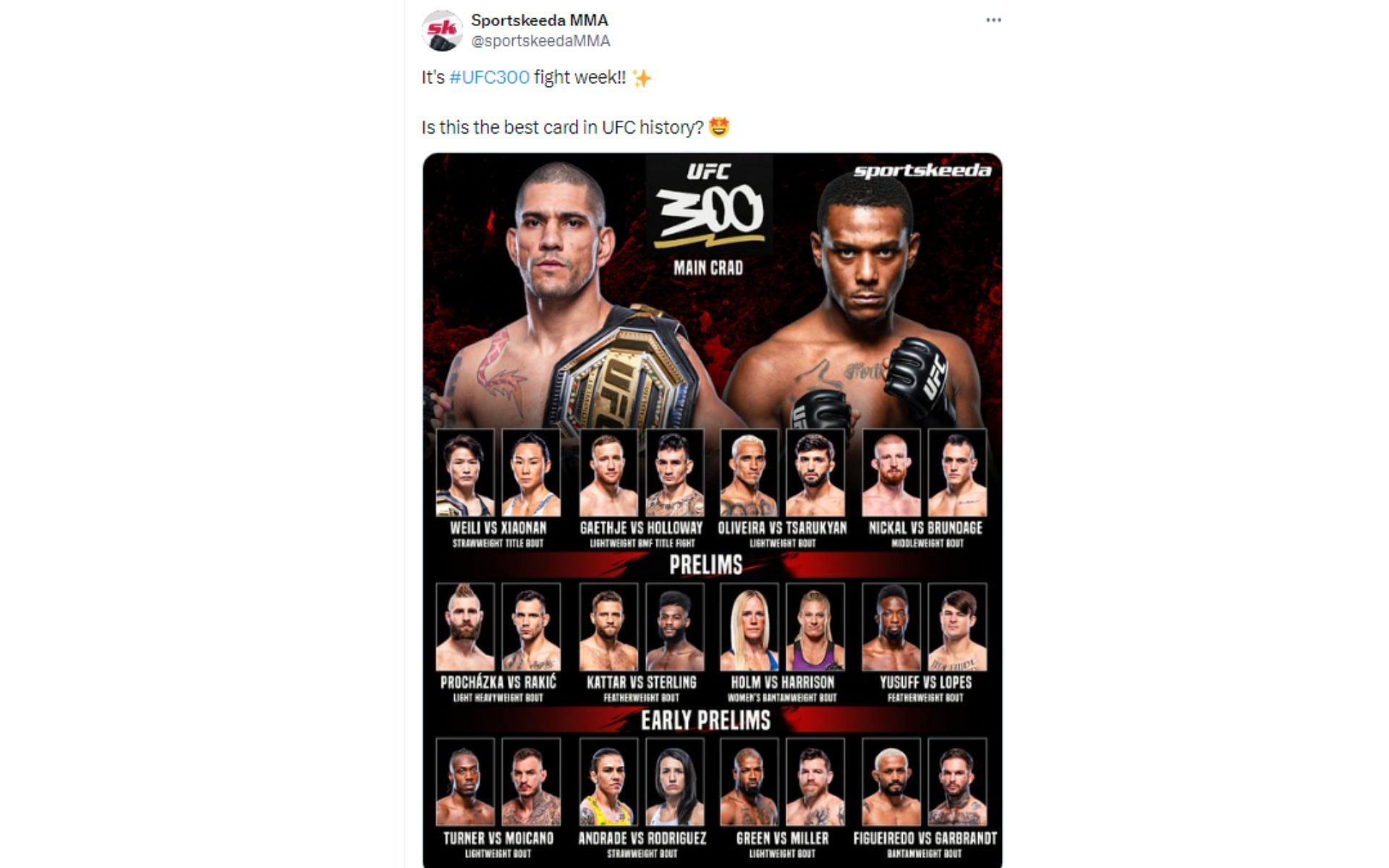 UFC 300 fight card [Image courtesy: @sportskeedaMMA - X]