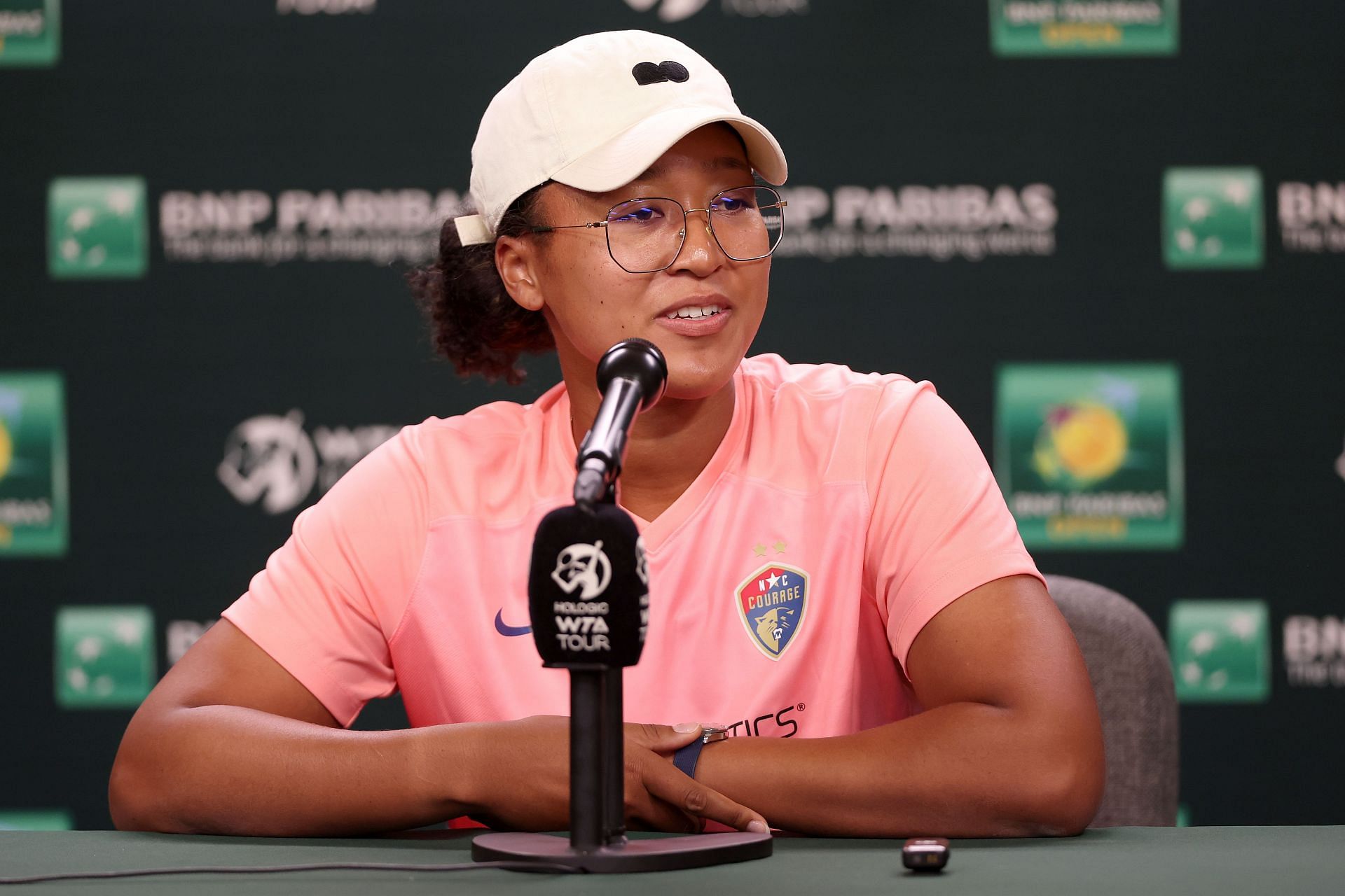 Naomi Osaka speaking to the media at the 2024 BNP Paribas Open