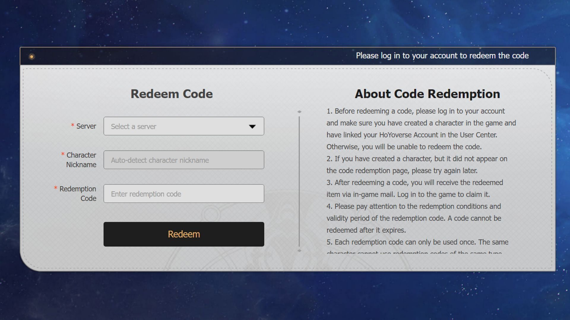 Official code redemption webpage (Image via HoYoverse)