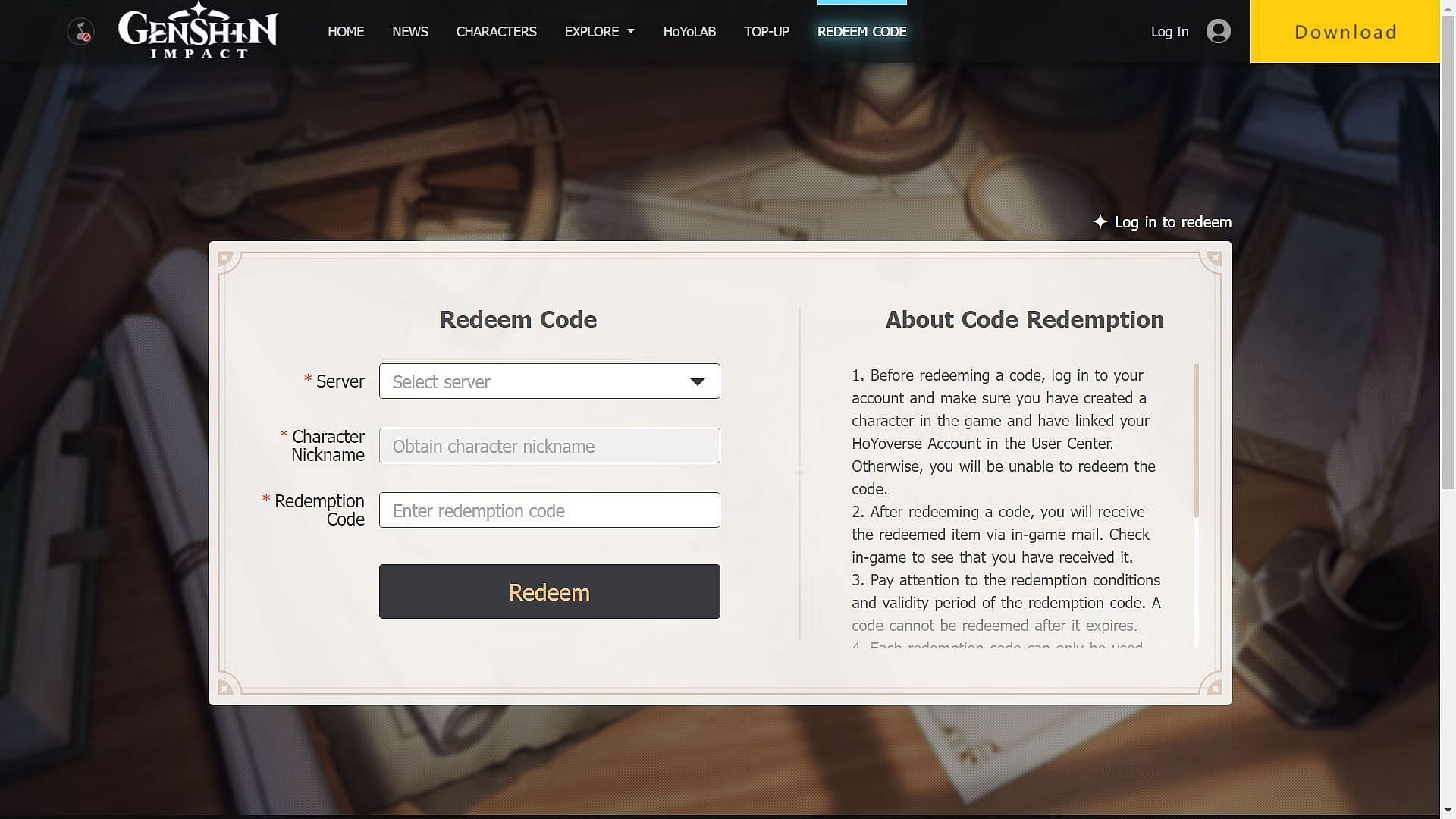 Redeeming the code on the official website. (Image via HoYoverse)