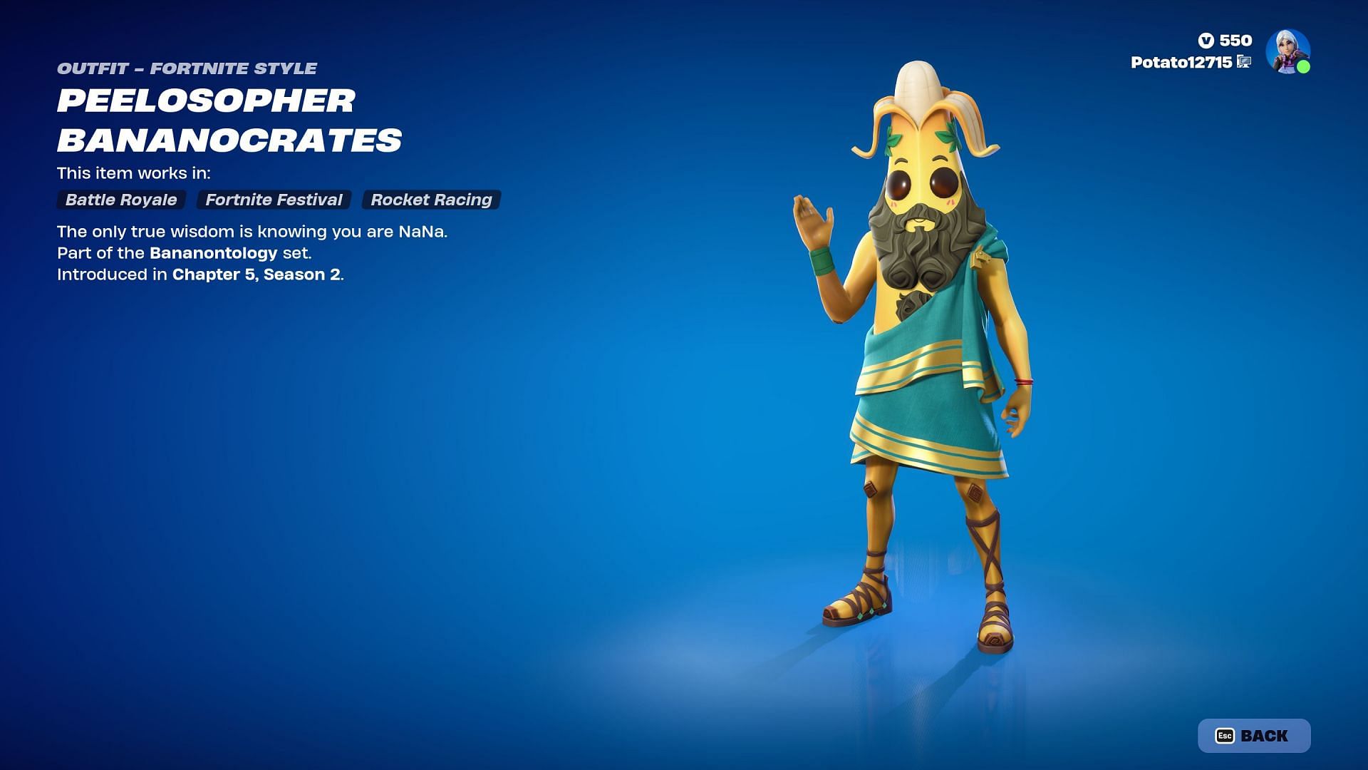 Peelosopher Bananocrates skin is currently listed in the Item Shop (Image via Epic Games/Fortnite)