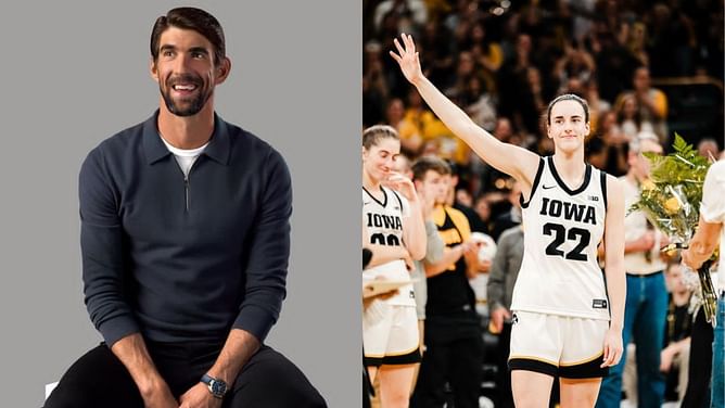 Michael Phelps reacts as Caitlin Clark shows off her screen saver of swimming legend