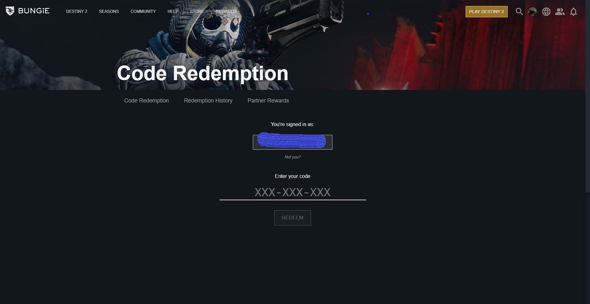 Destiny 2 code redemption page on the Bungie website (Image via Bungie)