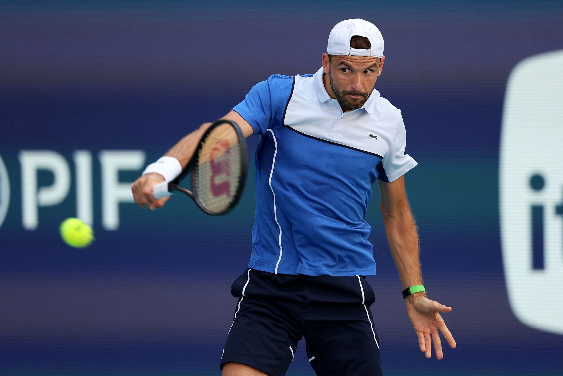 Grigor Dimitrov hits a backhand at the Miami Open final