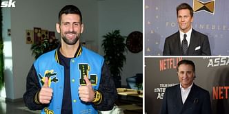 Novak Djokovic poses with Tom Brady & Andy Garcia as he attends Real Madrid vs Barcelona despite Madrid Open withdrawal; receives personalized jersey