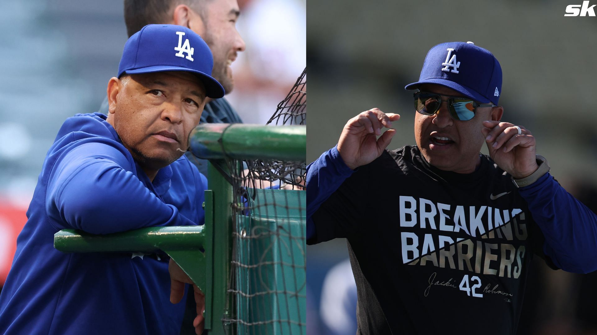 Manager Dave Roberts of the Los Angeles Dodgers during batting practice before the game against the Washington Nationals at Dodger Stadium