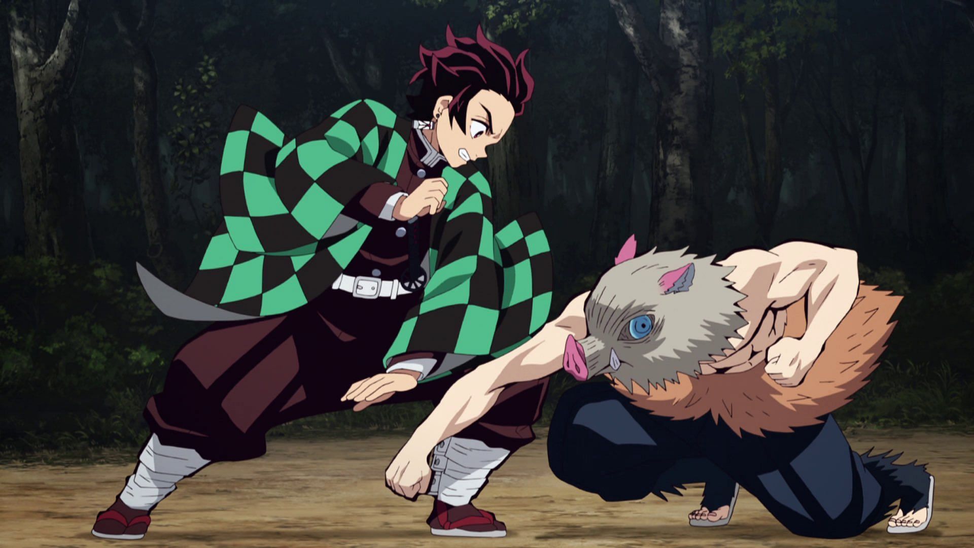 Tanjiro (left) and Inosuke (right) as seen in the Demon Slayer anime (Image via Ufotable Studios)