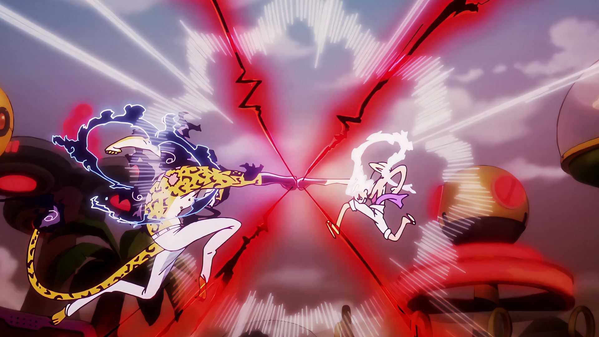 Lucci clashing with Gear 5 Luffy (Image via Toei Animation)