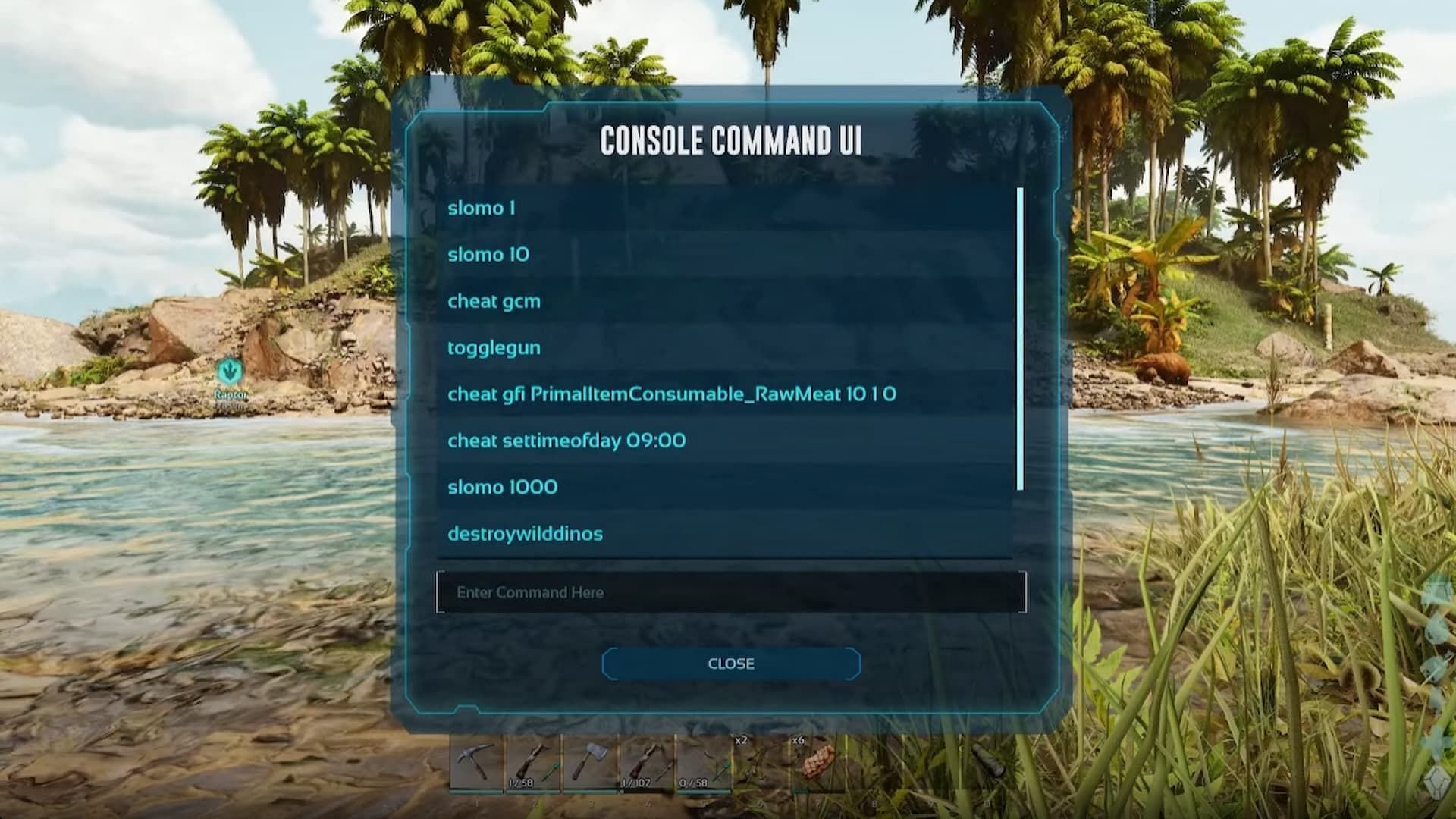 The Console Command UI in Ark Survival Ascended. (Image via Studio Wildcard || Crabbytron/YouTube)