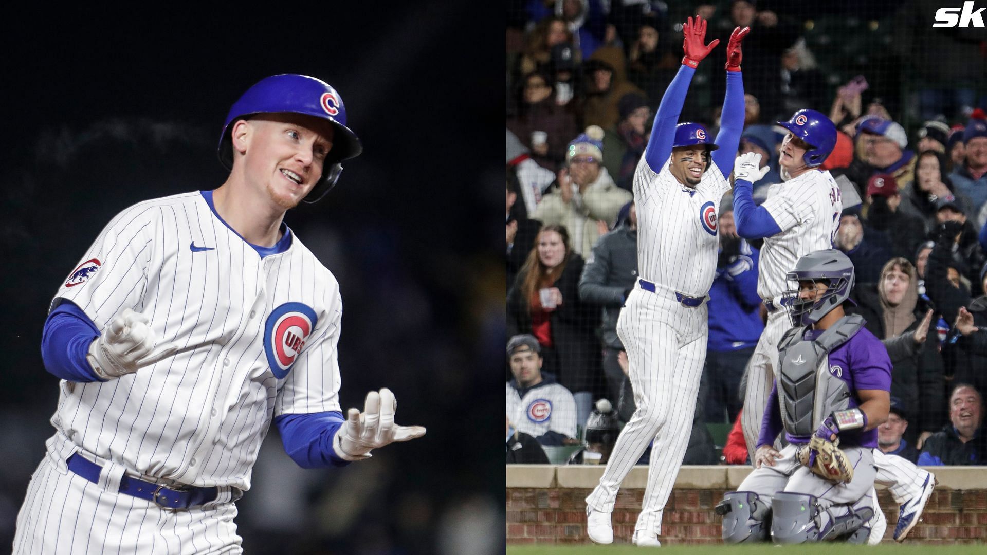 Garrett Cooper of the Chicago Cubs rounds the bases after hitting a three run home run in the sixth inning against the Colorado Rockies at Wrigley Field