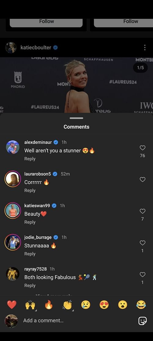 Alex De Minaur comments on Katie Boulter's Instagram post