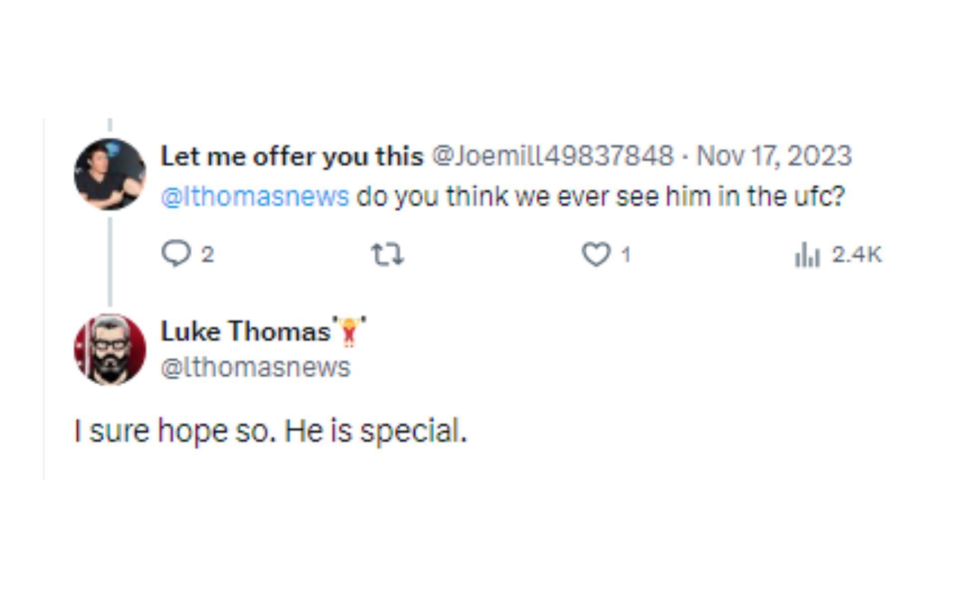 Thomas&#039; tweet regarding Mix in the UFC [Image courtesy: @lthomasnews - X]