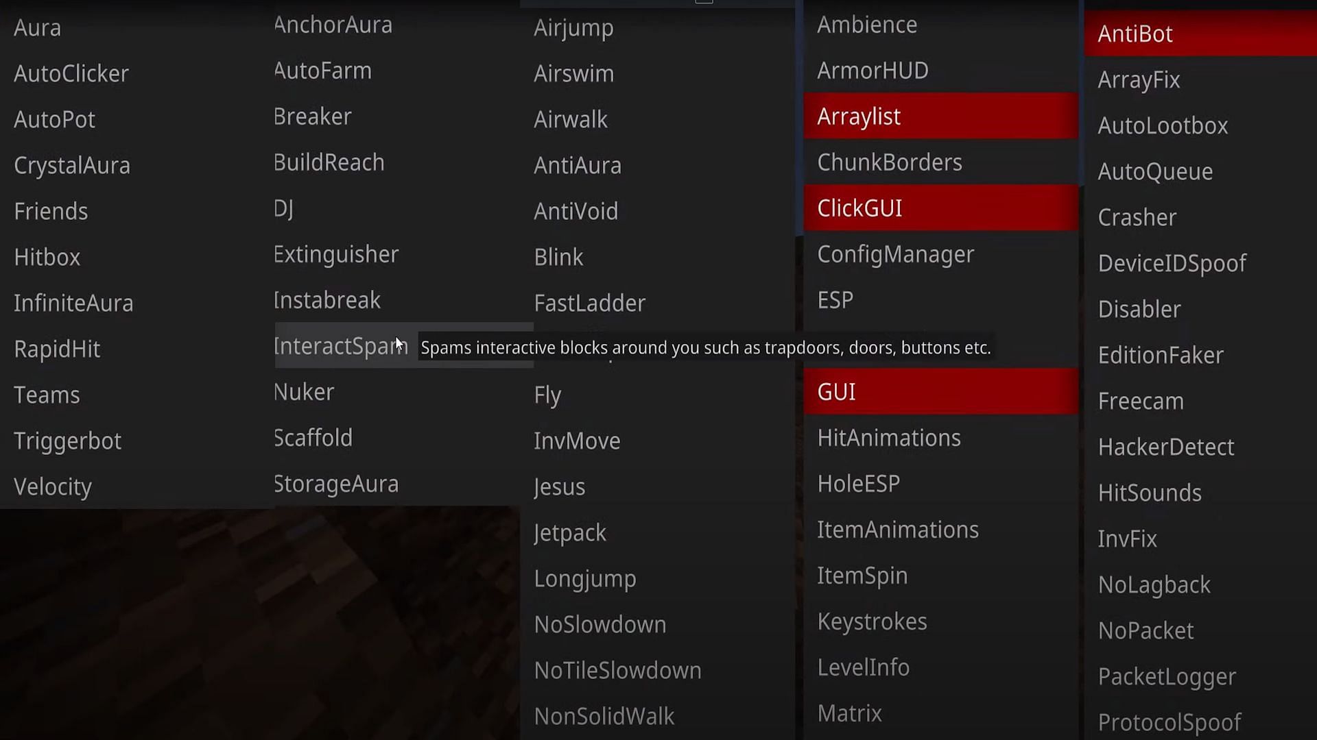 The list of options available on the old Zephyra Minecraft client (Image via Well Dan/YouTube)