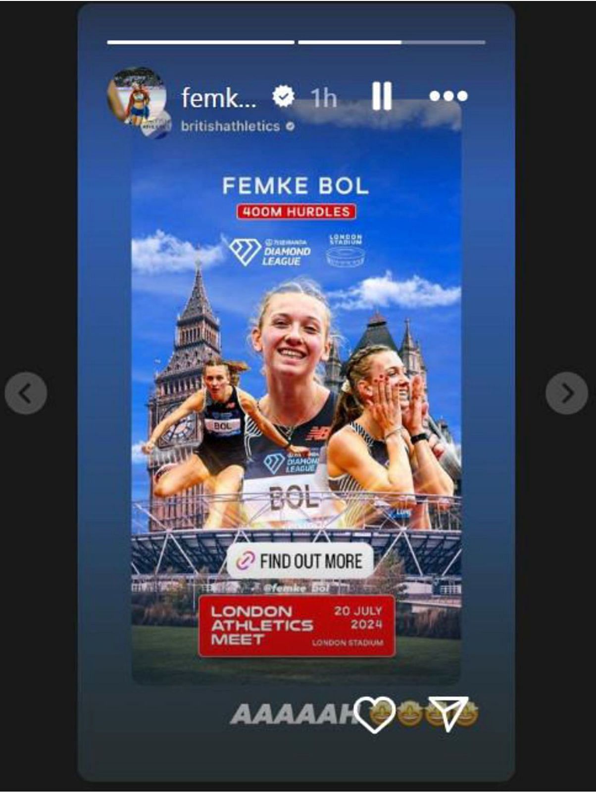 Femke Bol shared London Diamond League 2024 poster on her Instagram story.