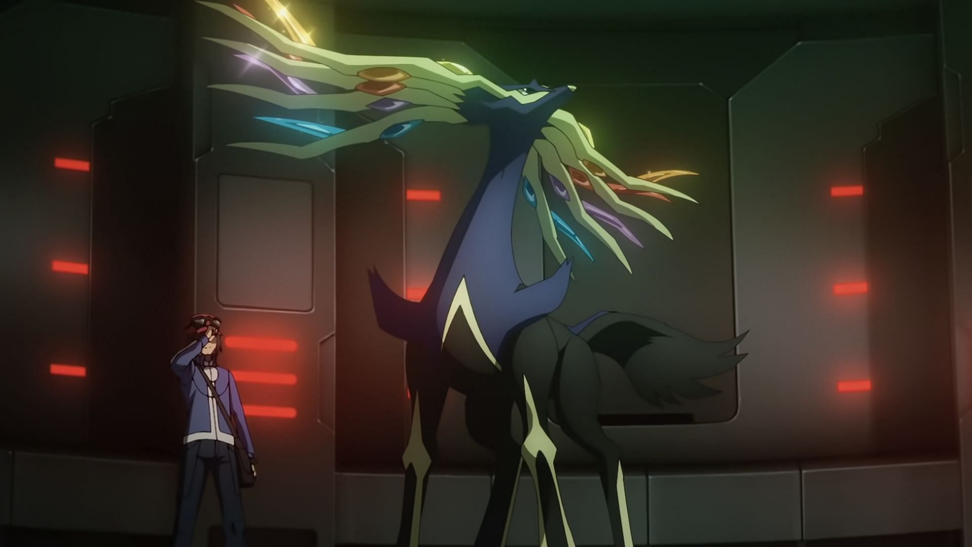 Calem uses Xerneas against Lysandre in the Evolutions anime (Image via The Pokemon Company)