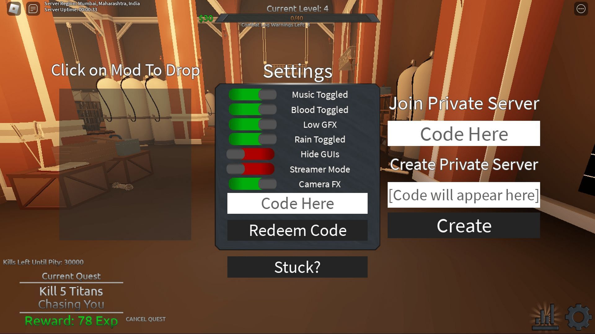 Redeem codes in Titanage with ease (Image via Roblox)