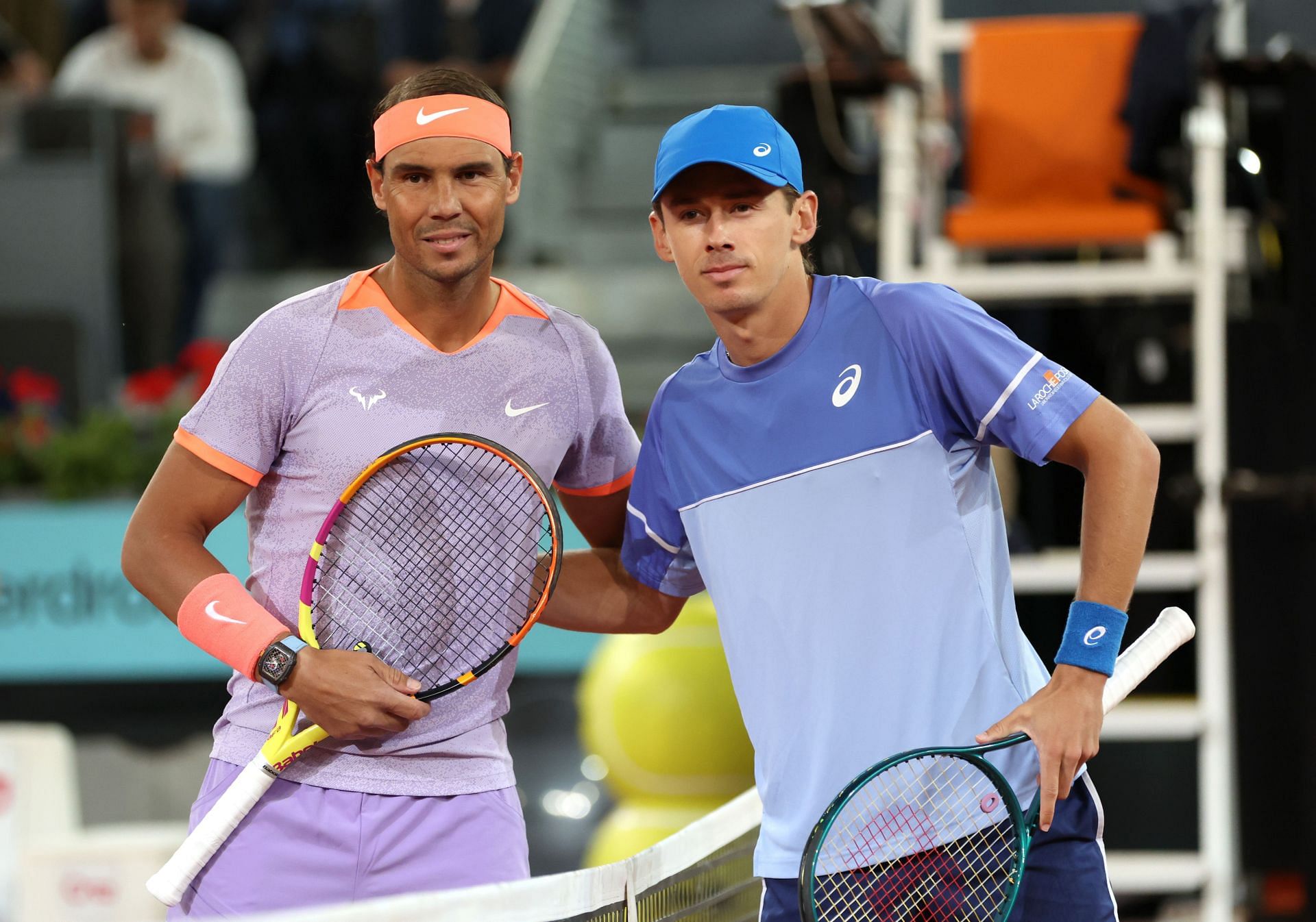 Rafael Nadal (L) and Alex de Minaur (R) ahead of their second-round match at the 2024 Madrid Open