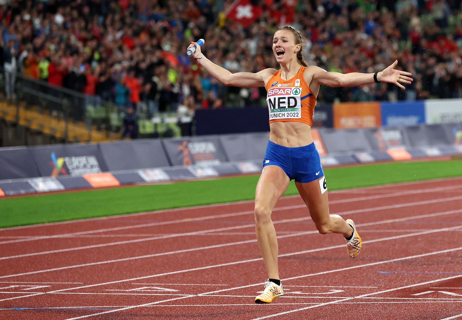 Gold medalist Femke Bol of Netherlands celebrates while crossing the finish line during the Athletics - Women&#039;s 4x400m Relay Final on day 10 of the European Championships Munich 2022 at Olympiapark on August 20, 2022 in Munich, Germany. (Photo by Alexander Hassenstein/Getty Images)