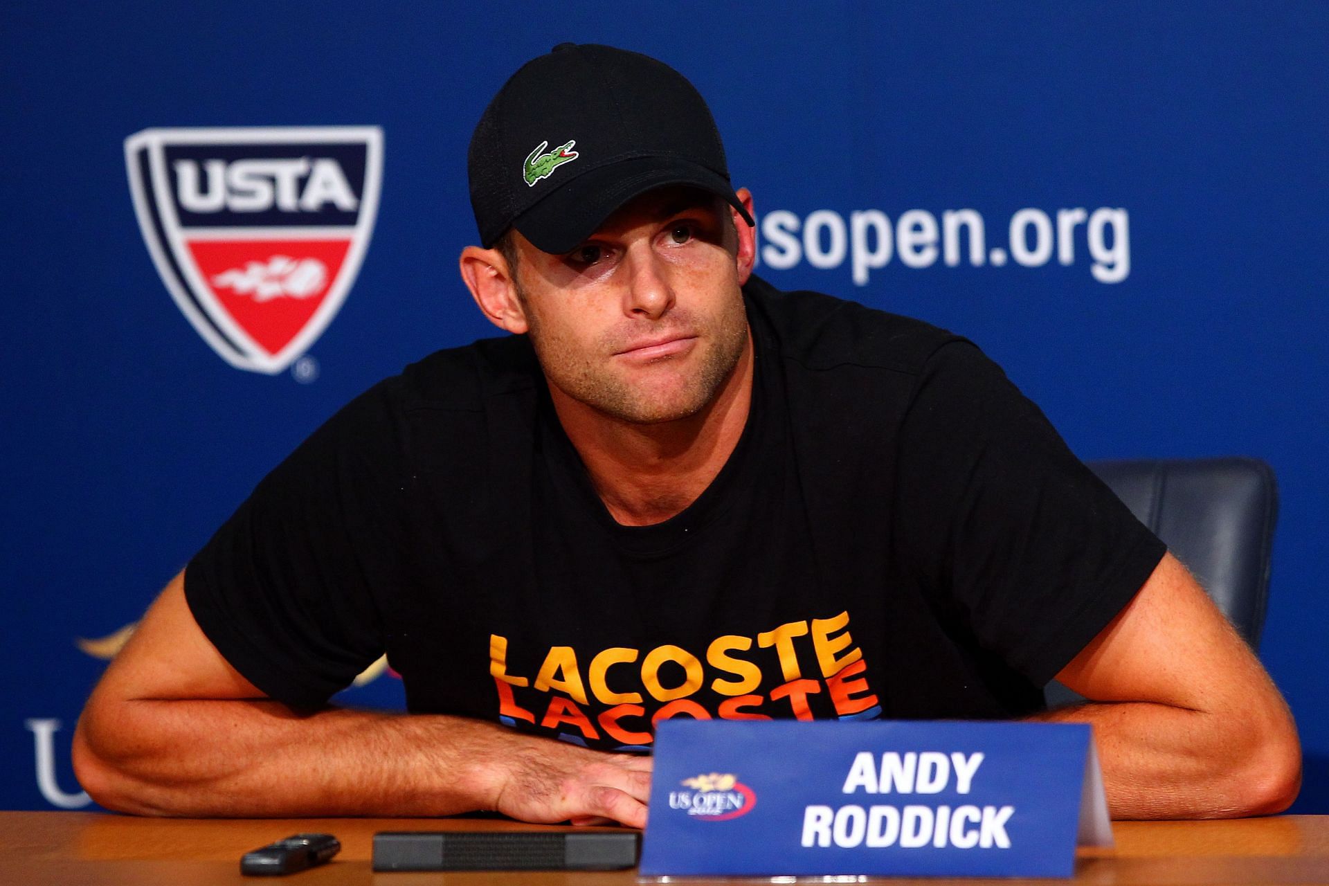 Andy Roddick interacts with the media at the 2012 US Open