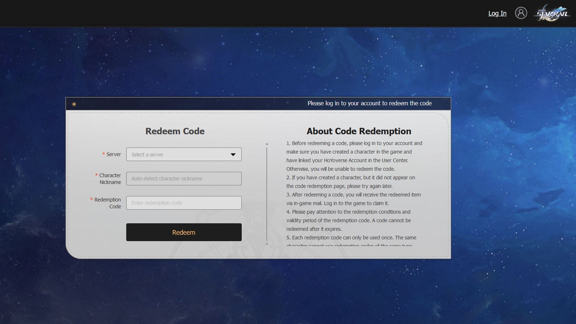 The official Redemption Code website (Image via HoYoverse)