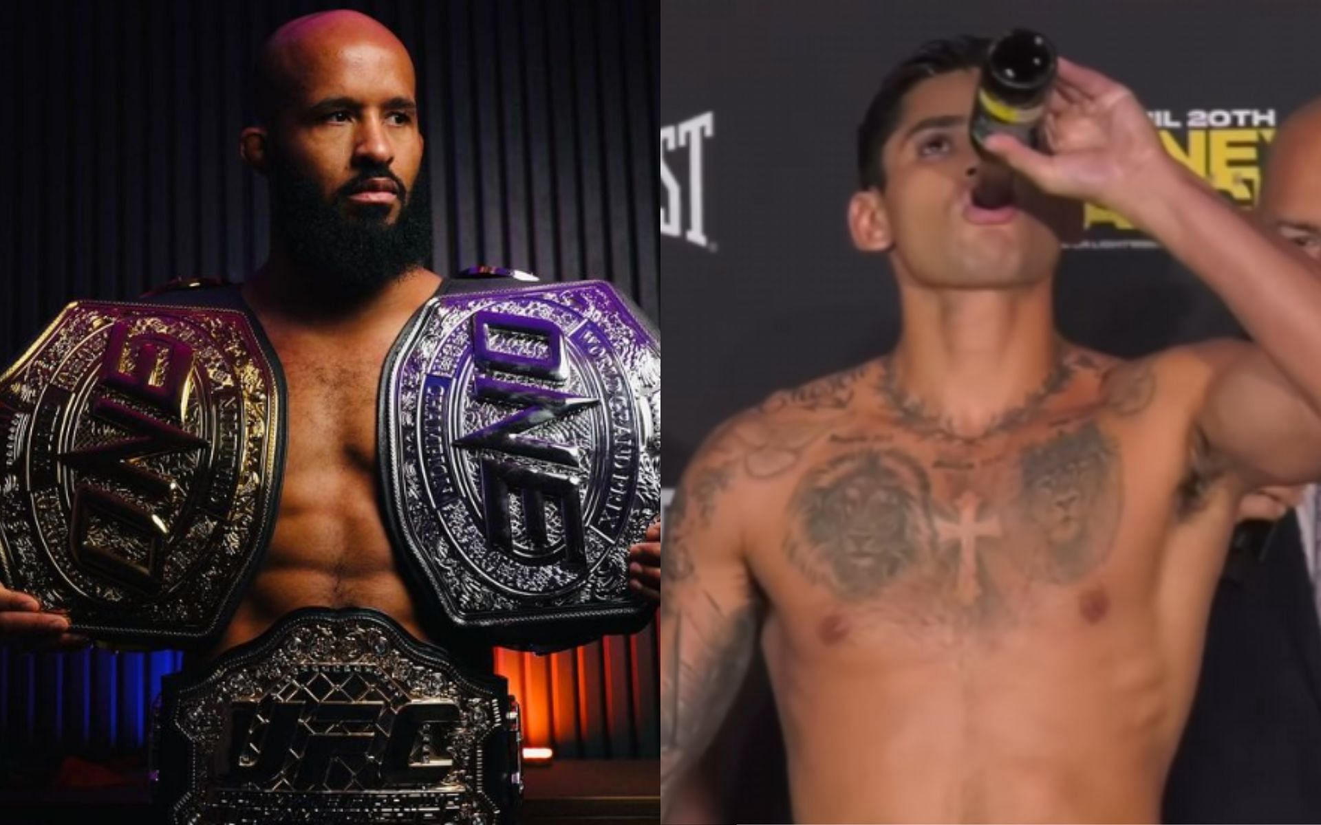 Demetrious Johnson (left) reacts to Ryan Garcia (right) appearing to chug a beer at weigh-ins [Images courtesy of @mighty &amp; @mmafighting on Instagram]