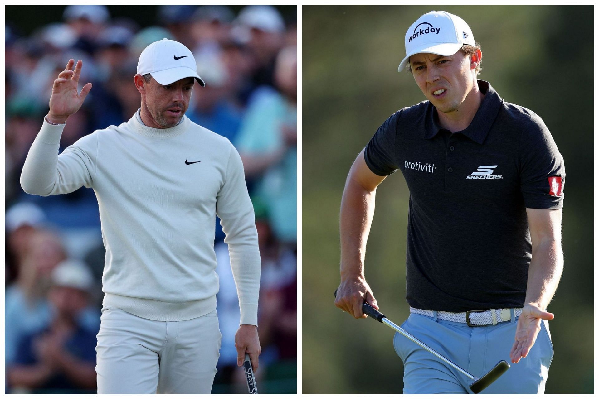 Rory McIlroy and Matt Fitzpatrick during the second round of the Masters