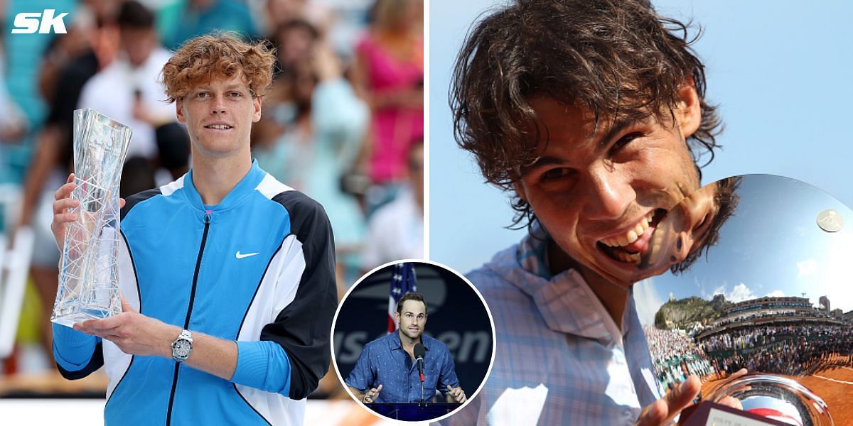 Jannik Sinner with 2024 Miami Open tropy (L), Rafael Nadal with 2010 Monte-Carlos Masters trophy (R) and Andy Roddick (inset)