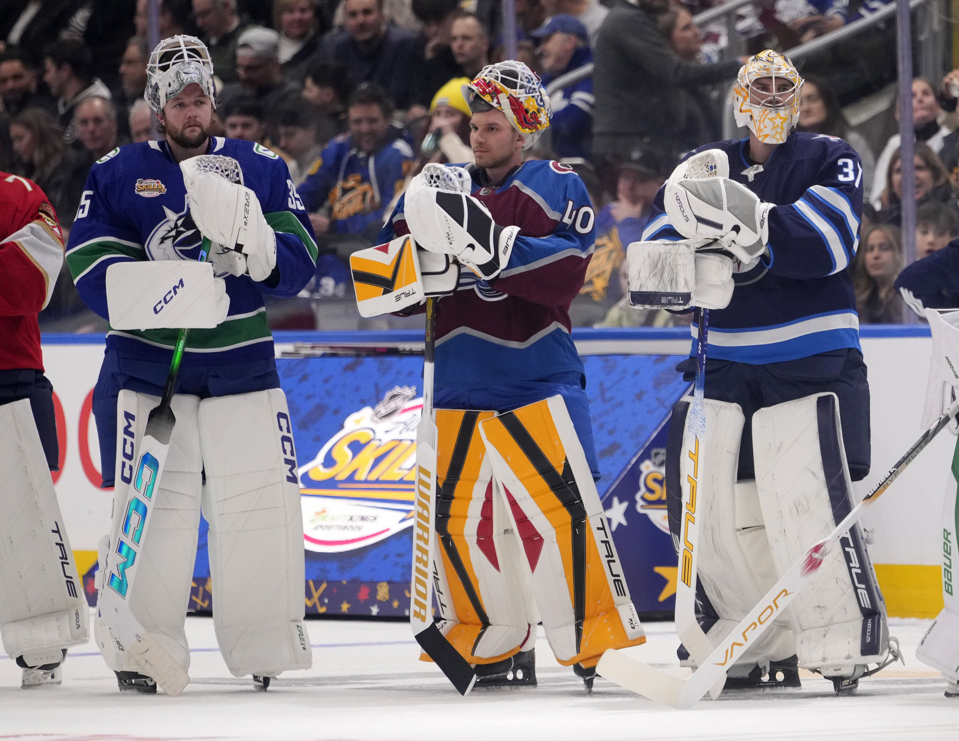 Alexandar Georgiev and Connor Hellebuyck at the 2024 NHL All-Star Skills Competition