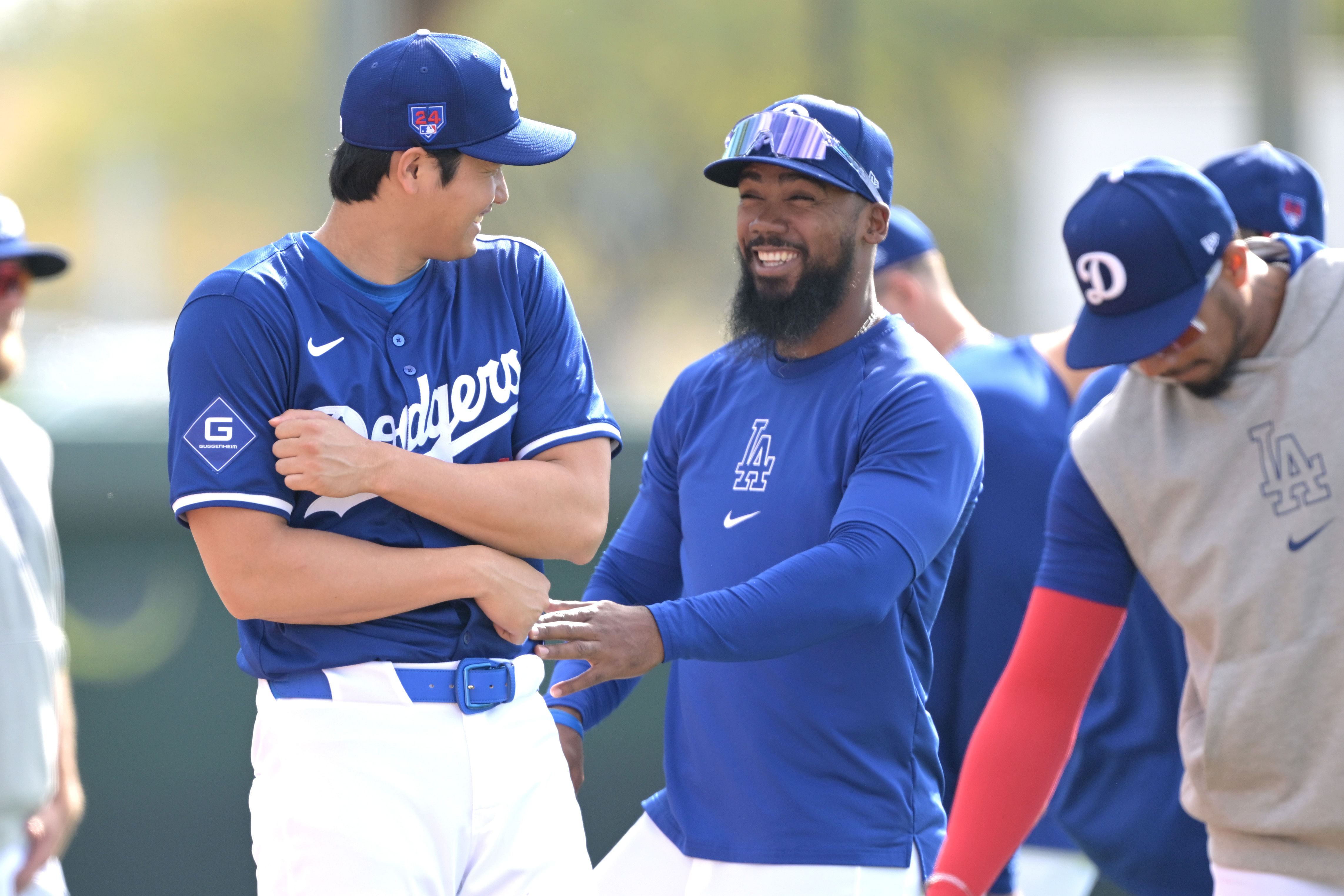 Shohei Ohtani and Teoscar Hernandez having fun at Los Angeles Dodgers-Workouts