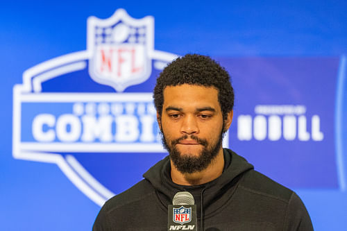 Southern California quarterback Caleb Williams (QB14) talks to the media during the 2024 NFL Combine