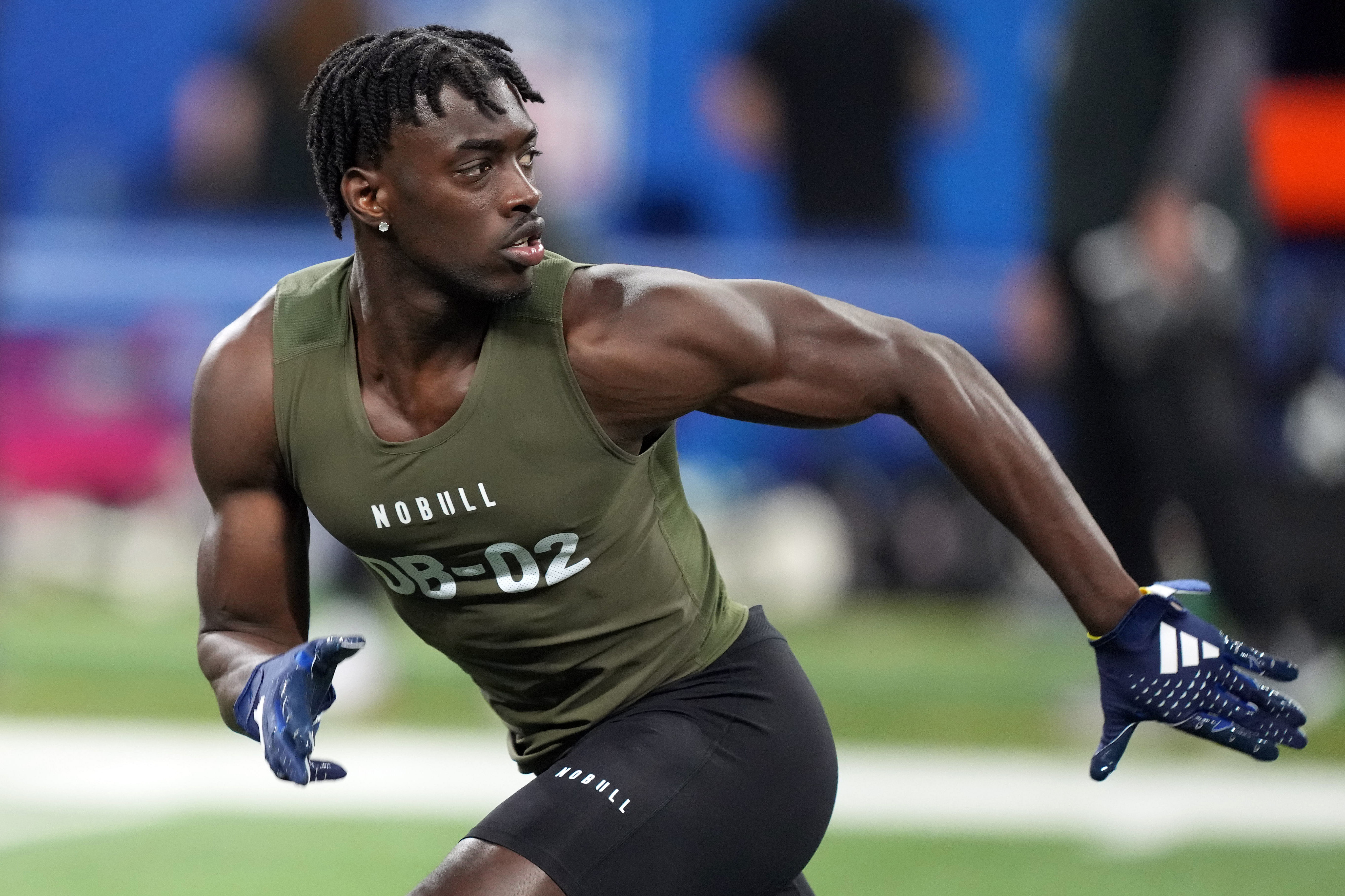 NFL: Combine: Mar 1, 2024; Indianapolis, IN, USA; Alabama defensive back Terrion Arnold (DB02) works out during the 2024 NFL Combine at Lucas Oil Stadium. Mandatory Credit: Kirby Lee-USA TODAY Sports