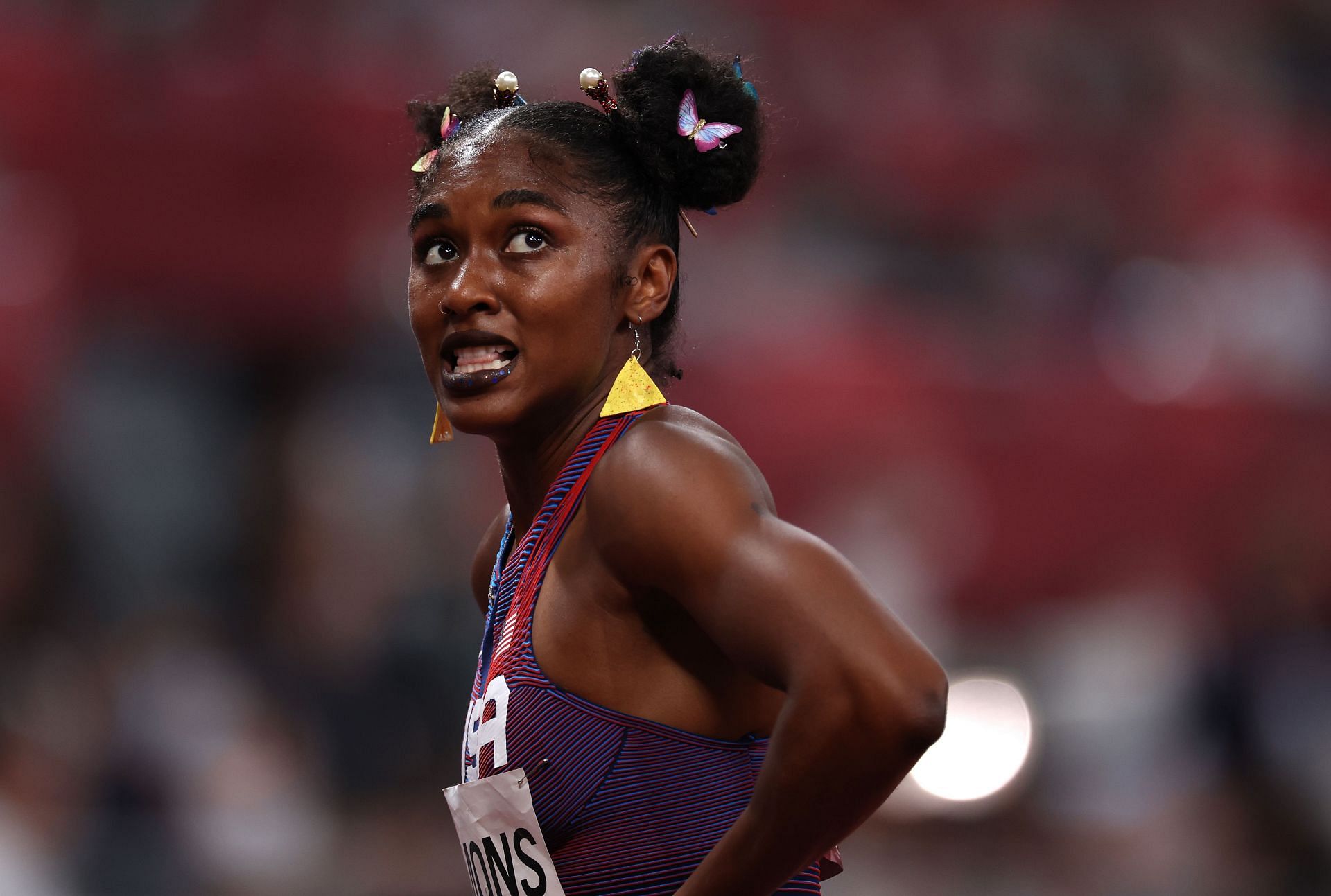 Christina Clemons reacts after competing in the Women&#039;s 100m Hurdles Semi-Final at the Tokyo 2020 Olympic Games in Tokyo, Japan.