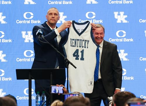 New Kentucky coach Mark Pope with UK Athletic Director Mitch Barnhart.