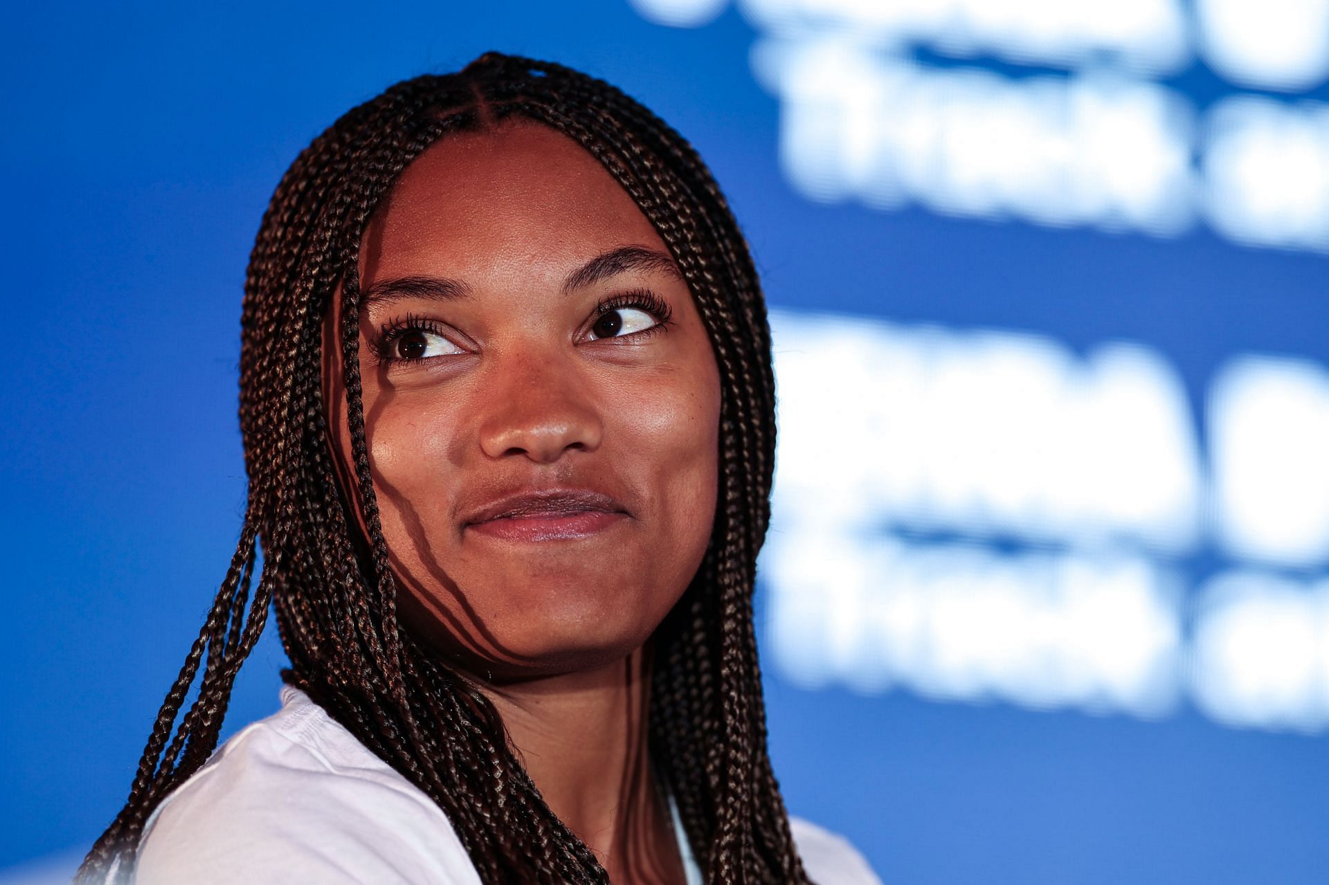 Tara Davis-Woodhall speaks during the 2024 Team USA Media Summit at the Marriott Marquis Hotel on April 16, 2024, in New York City.