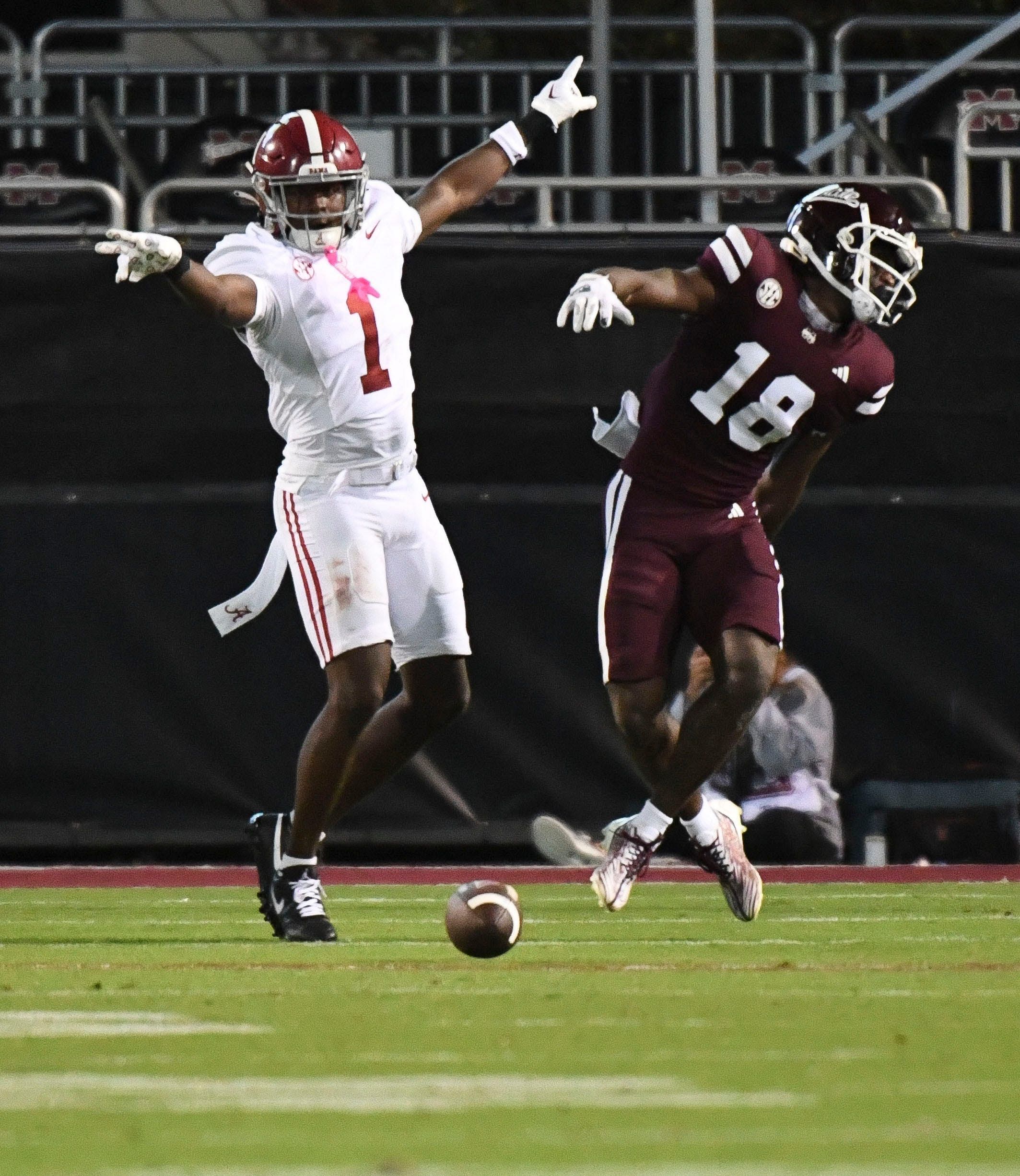 Syndication: Detroit Free Press: Alabama&#039;s Kool-Aid McKinstry breaks up a pass intended for Mississippi State receiver Jordan Mosley, Sept. 30, 2023 in Starkville, Mississippi.