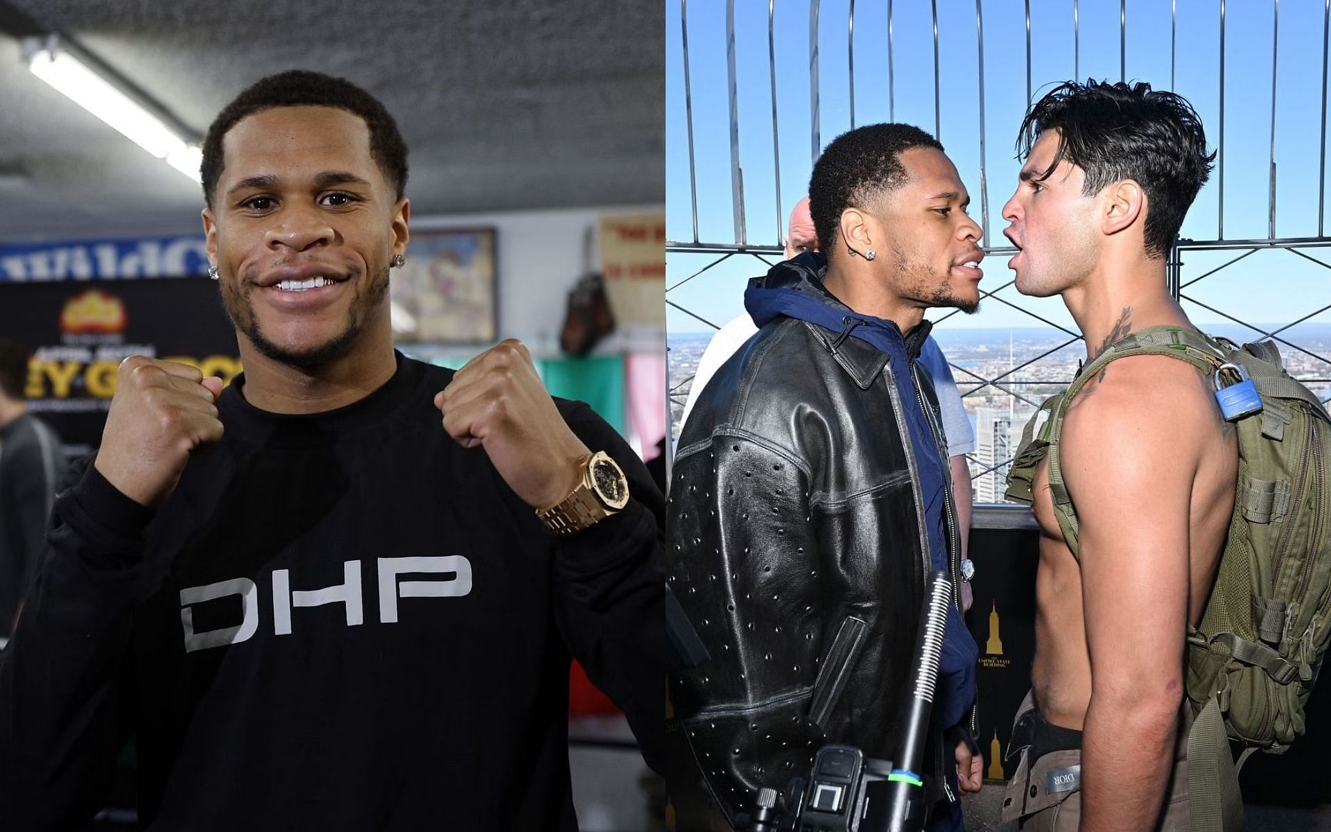 Devin Haney (left) shares weight concerns for Ryan Garcia after their heated face-off (right) [Images Courtesy: @GettyImages]