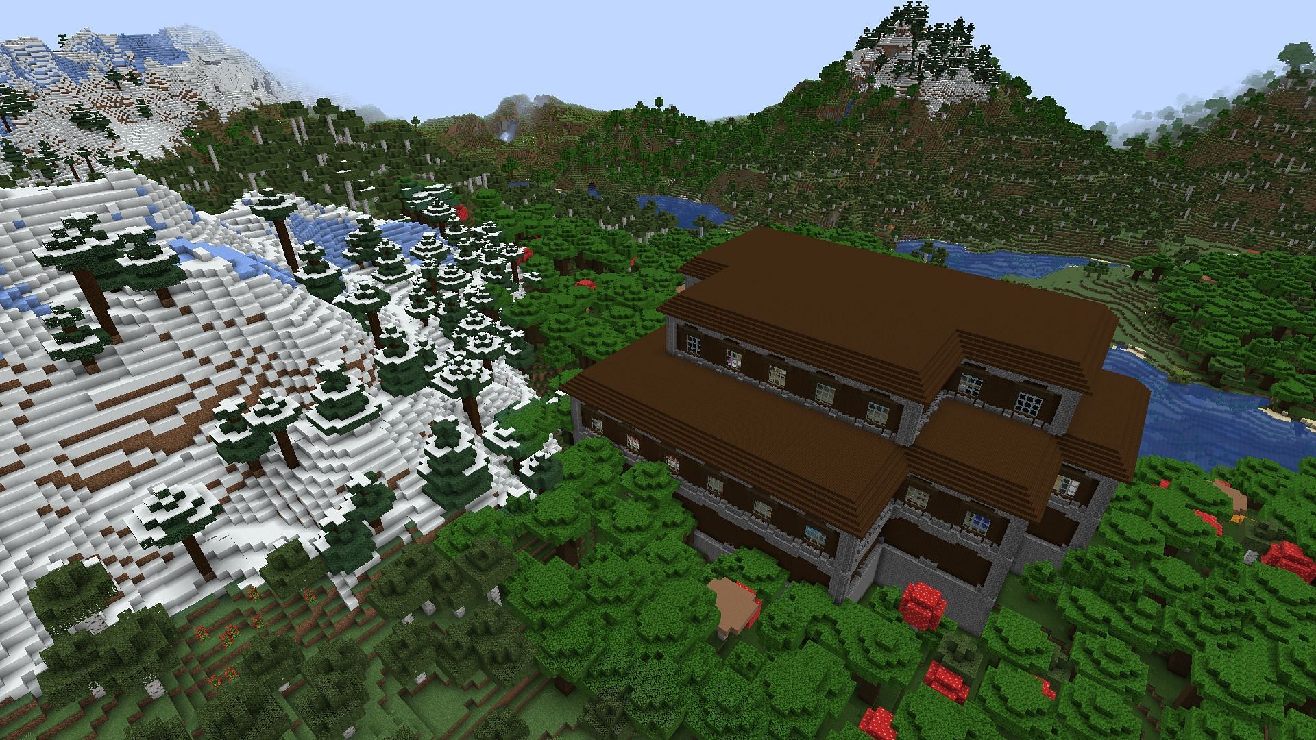 This mansion has quite a smattering of tree types around it (Image via Mojang)